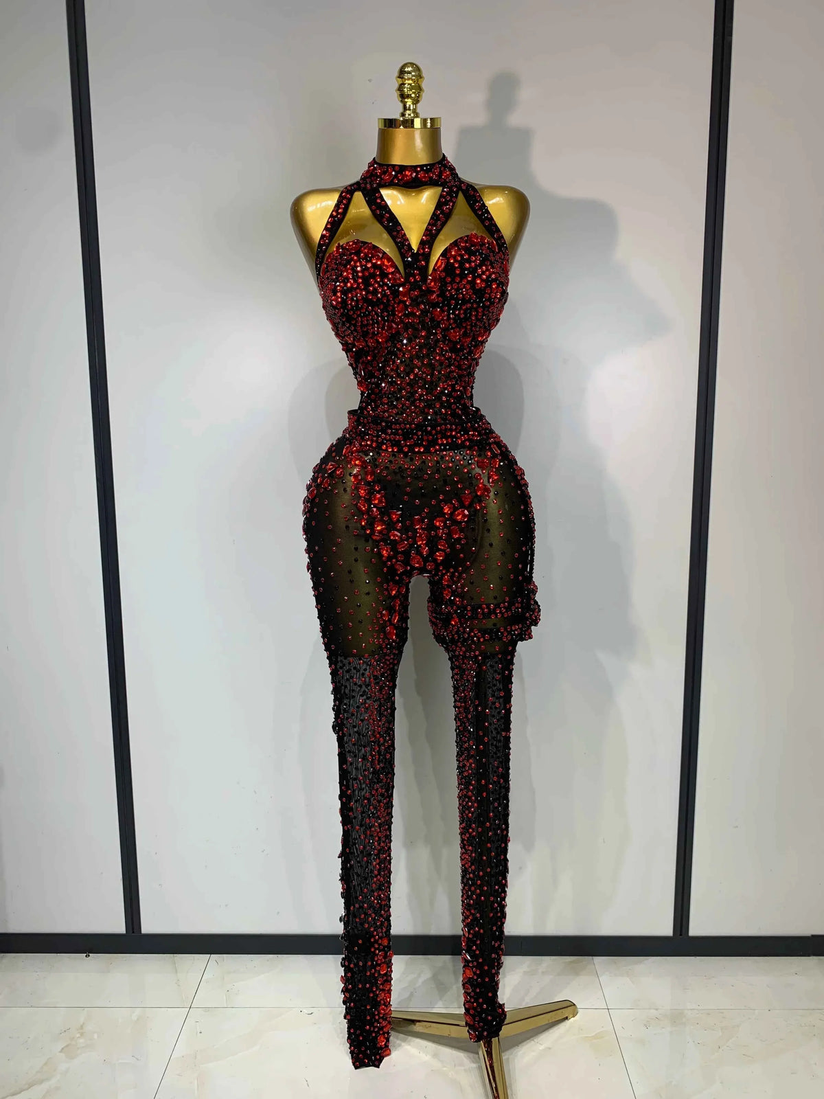 Amanda Backless Red Rhinestone Black Mesh Bodycon Jumpsuit