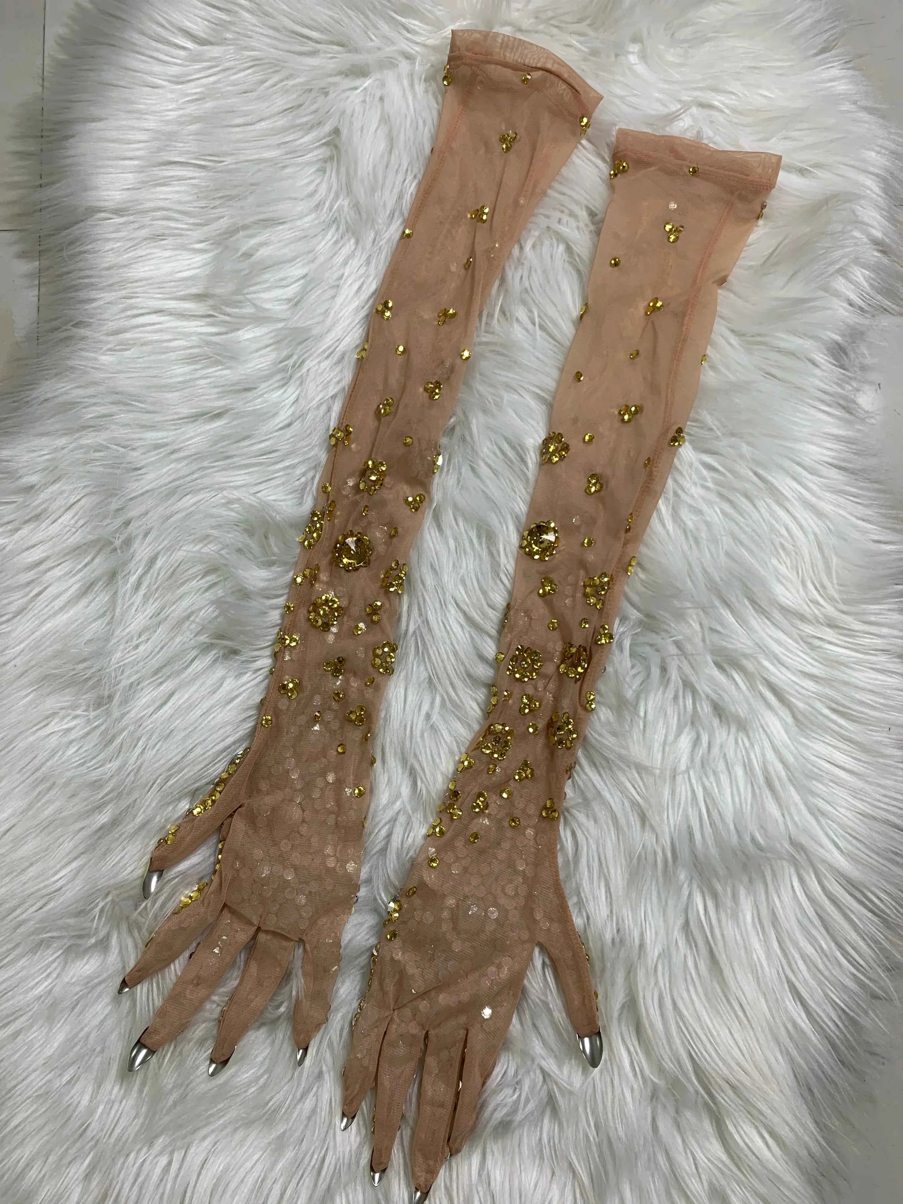 Eliana Gold Rhinestones Mesh Long Gloves