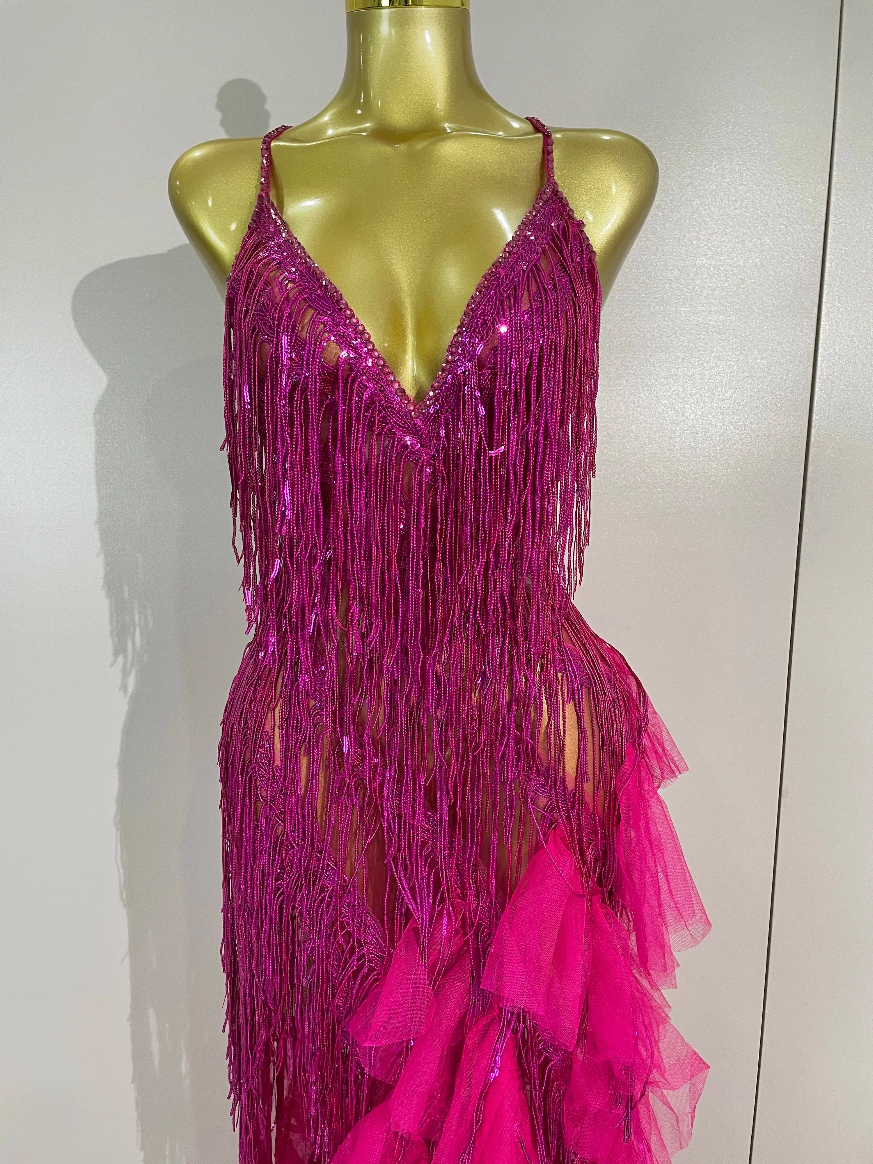 Gabrielle Rhinestone Fringe Backless Sheer Maxi Dress