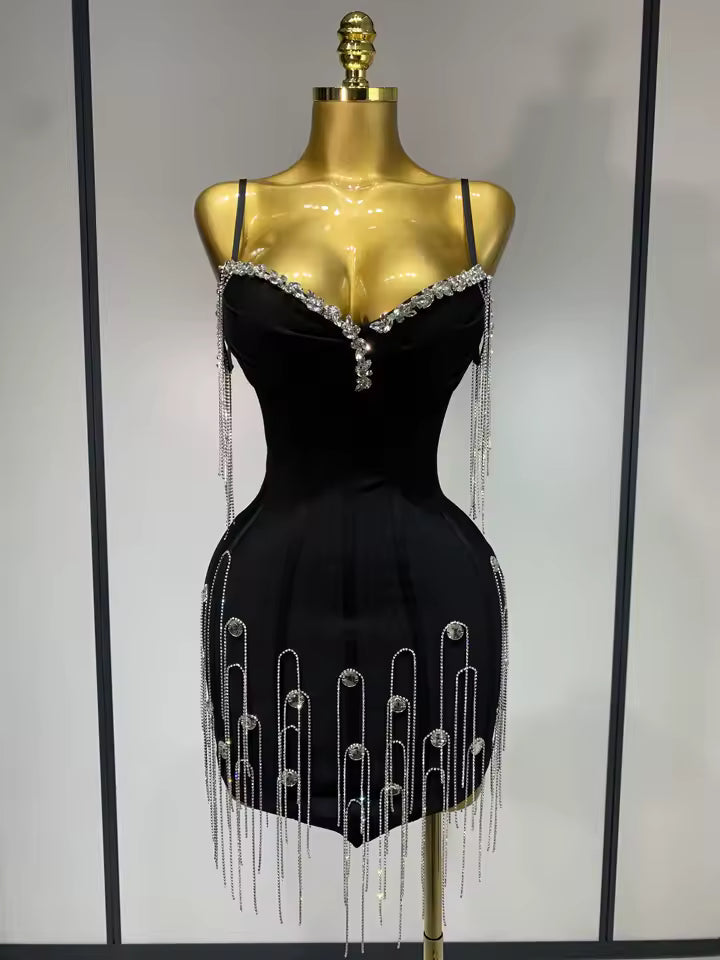 Camille Spaghetti Strap Bodycon Black Bandage Dress