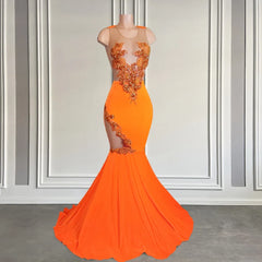 Elegant Orange Mermaid Prom Gown with Crystal Beads & Cut-Outs