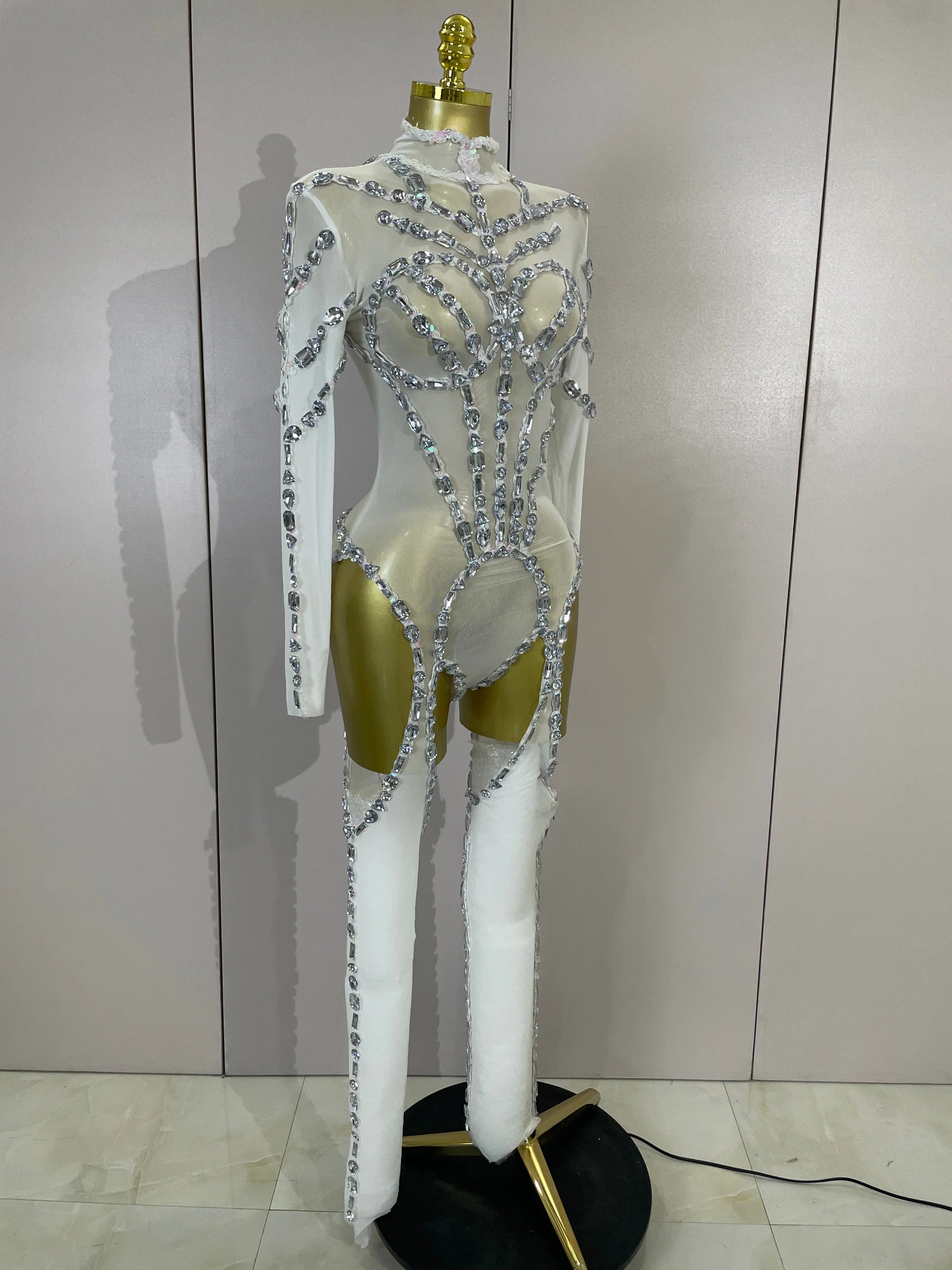 Grace Sparkly Diamond Sequin Long Sleeve Mesh See-Through Jumpsuit