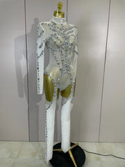 Grace Sparkly Diamond Sequin Long Sleeve Mesh See-Through Jumpsuit