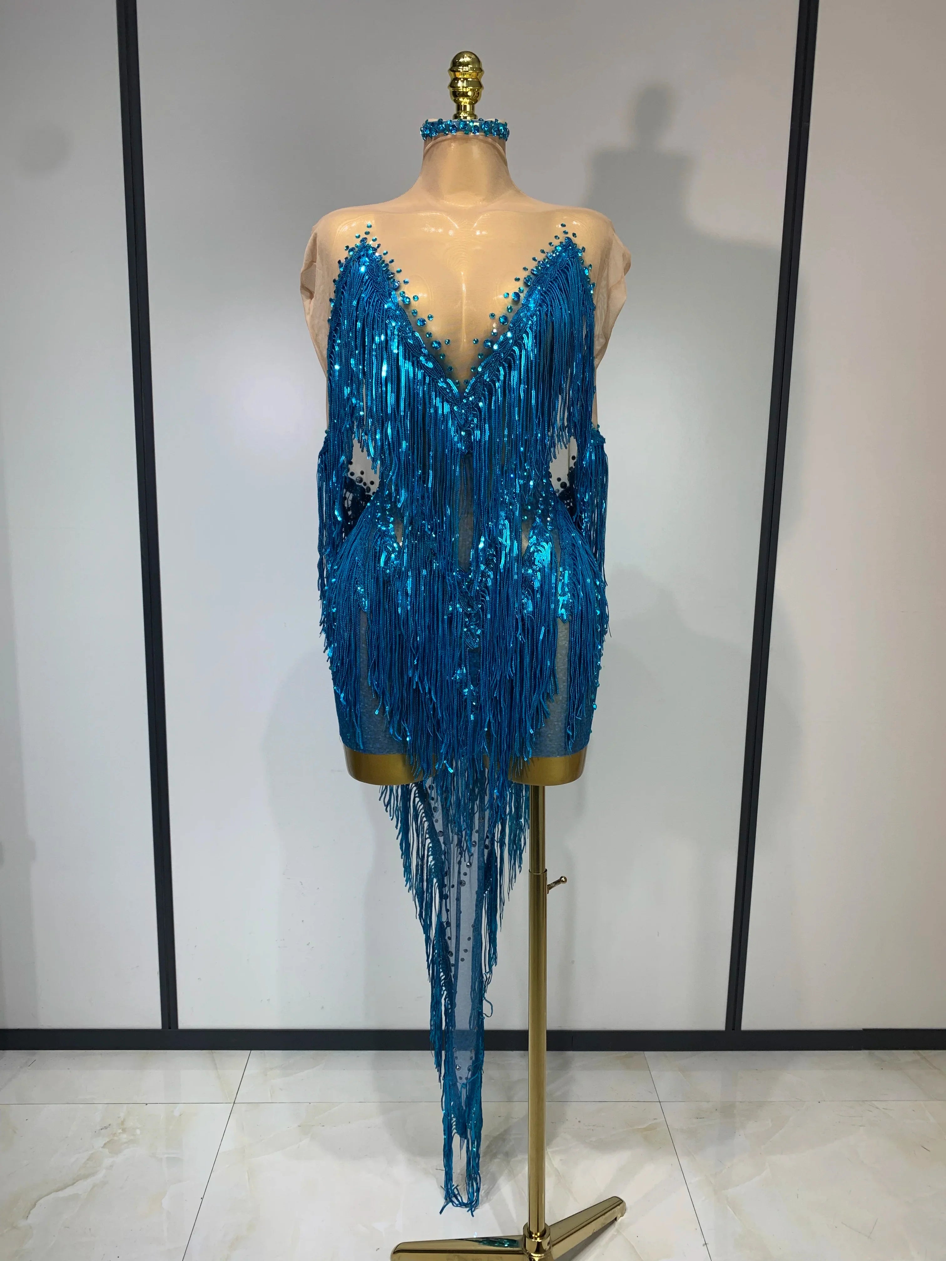 Carlene Blue Rhinestone Tassel See-Through Mesh Birthday Dress
