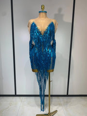 Carlene Blue Rhinestone Tassel See-Through Mesh Birthday Dress
