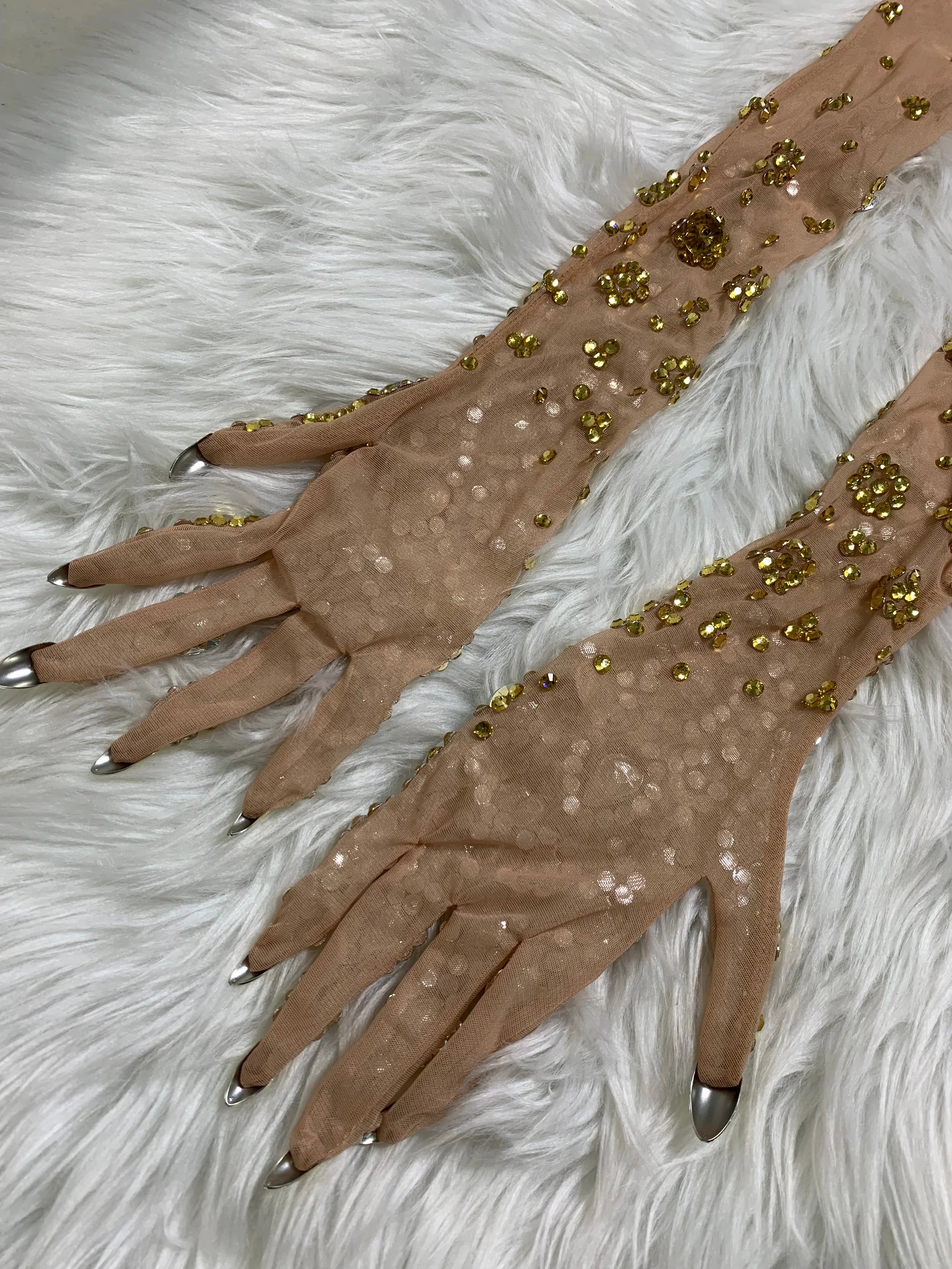 Eliana Gold Rhinestones Mesh Long Gloves
