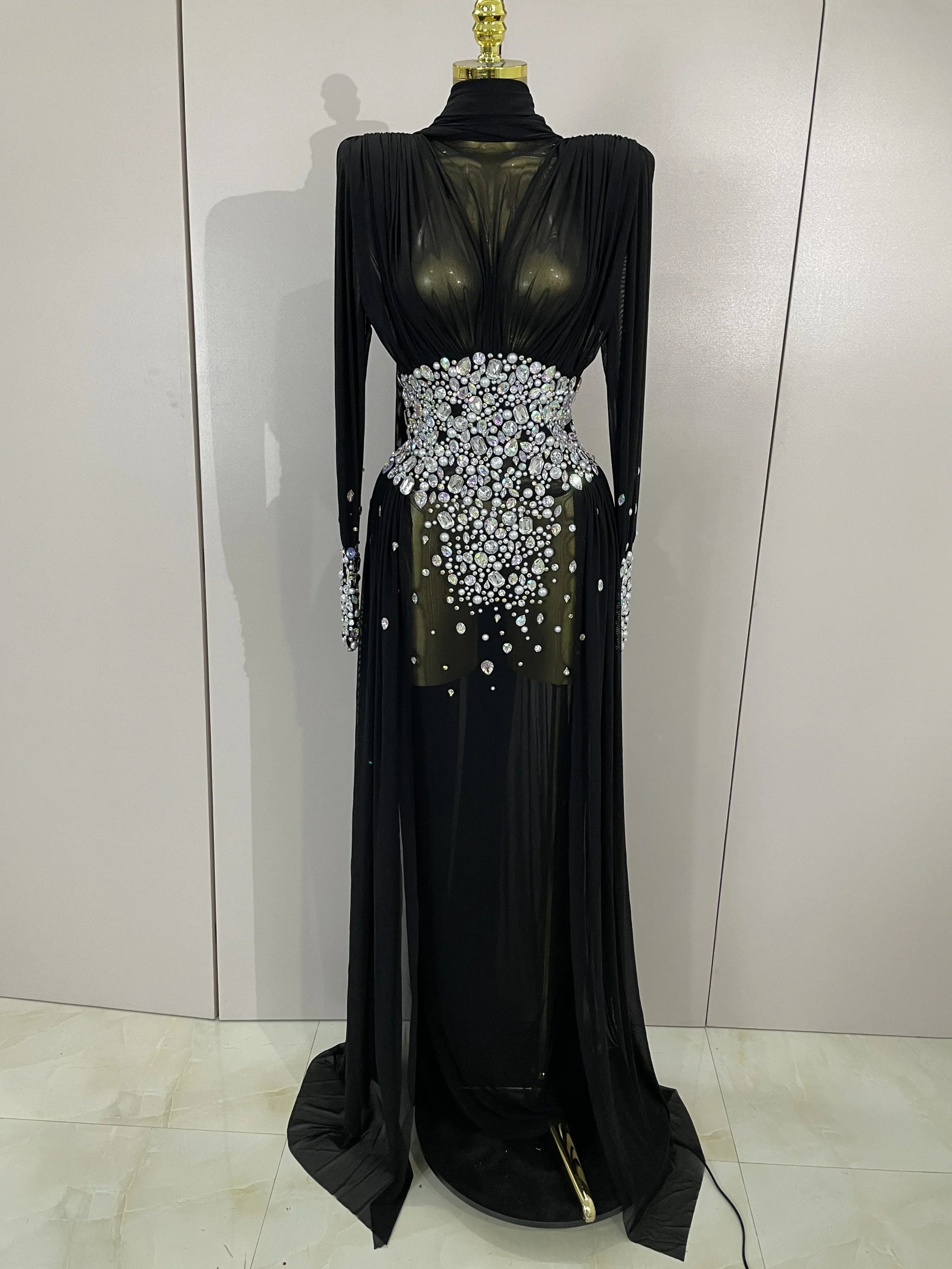 Alie Elegant Sparkly Diamond Long Sleeve Mesh See-Through Maxi Abaya Party Dress
