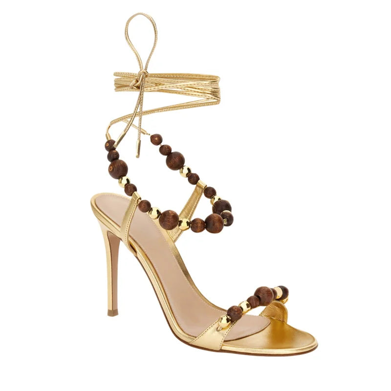 Bohemian Beaded Ankle Wrap Stiletto Sandals Leather Open-Toe Lace-Up High Heels