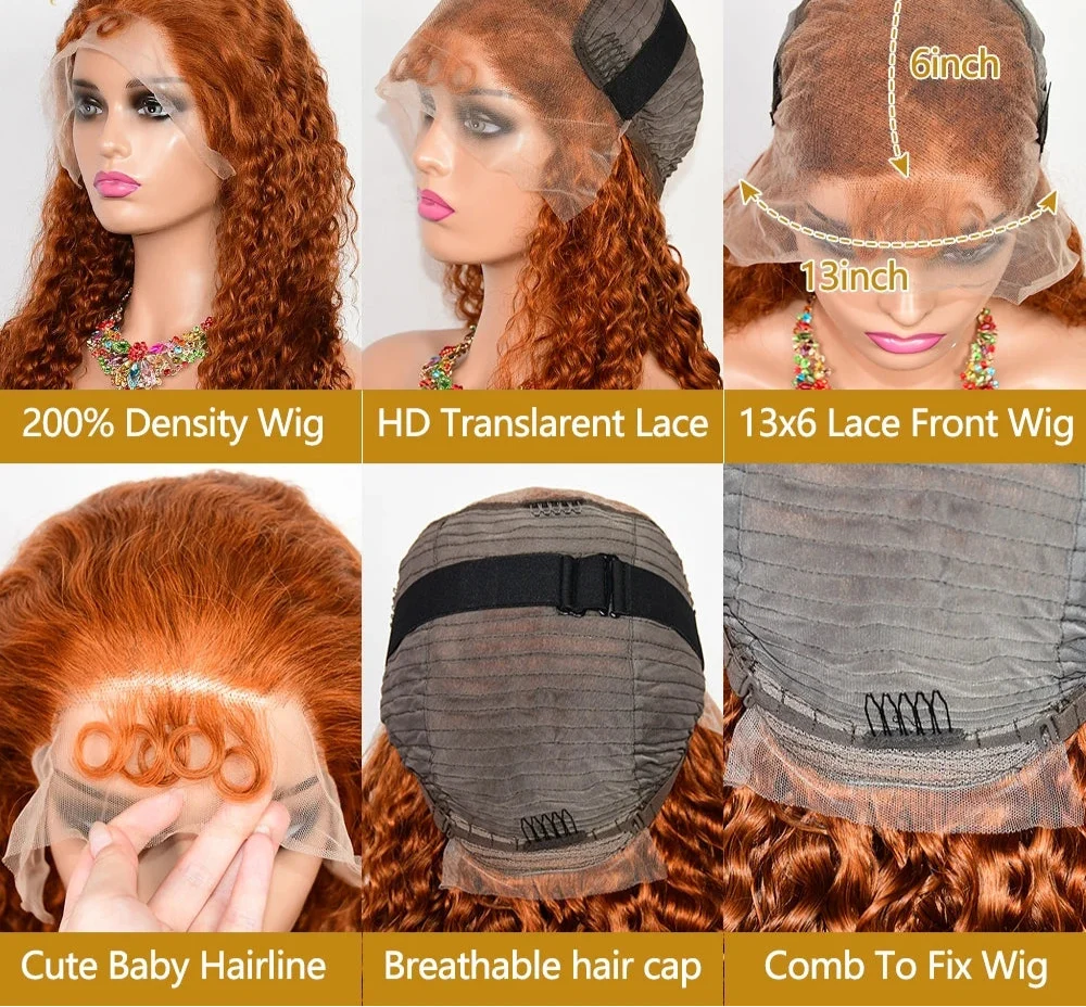 Ginger Water Wave Human Hair Wig – 30/28 Inch 13x6 Lace Front 200% Density 350# Colored Wig