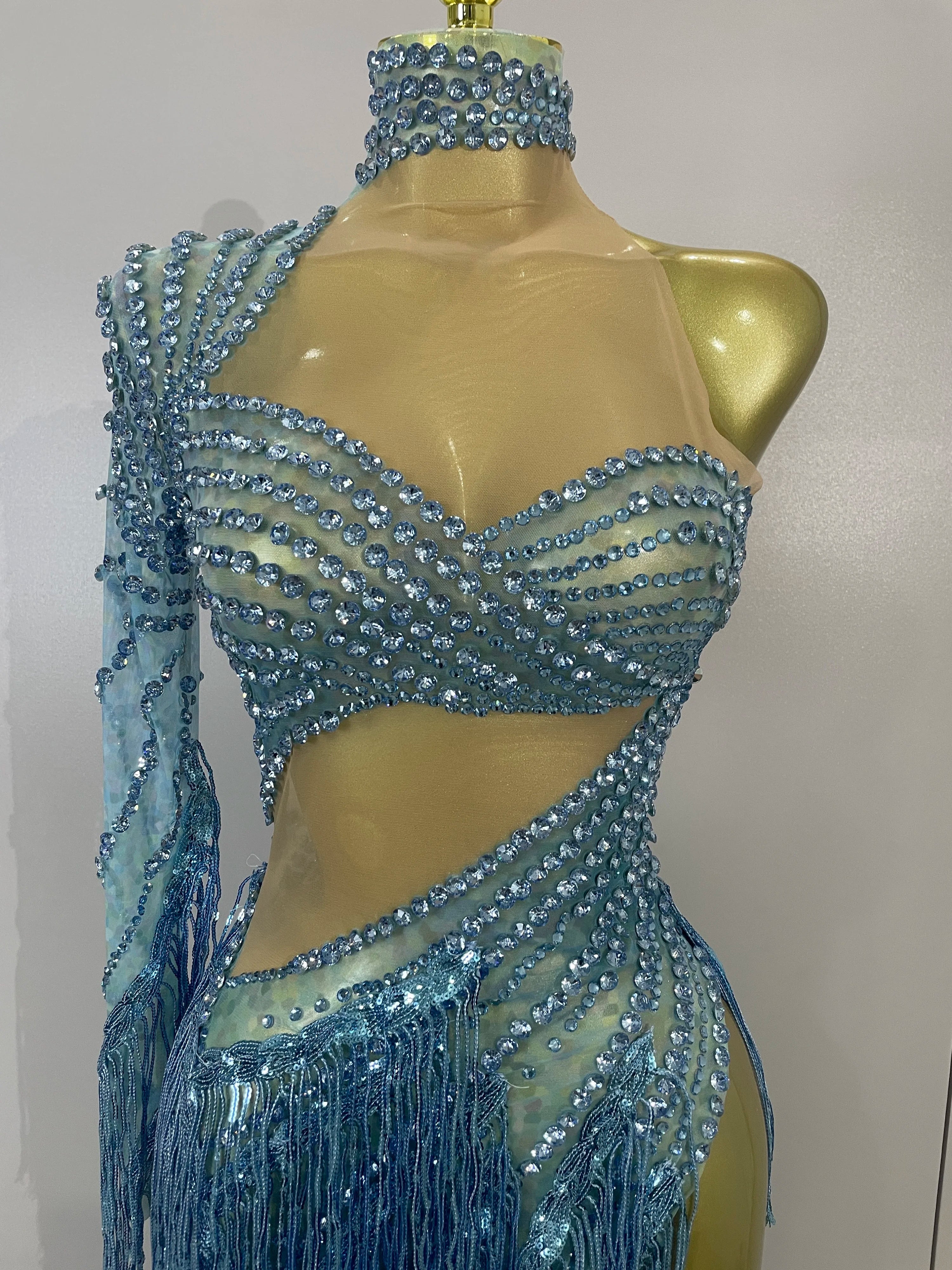 Ailanny Sparkly Diamond Blue Rhinestone Mesh One Shoulder Tassel Dress