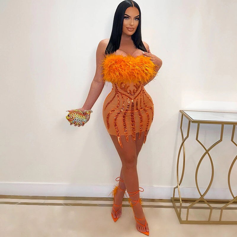 Elegant Mesh Feathers Strapless Birthday Dress
