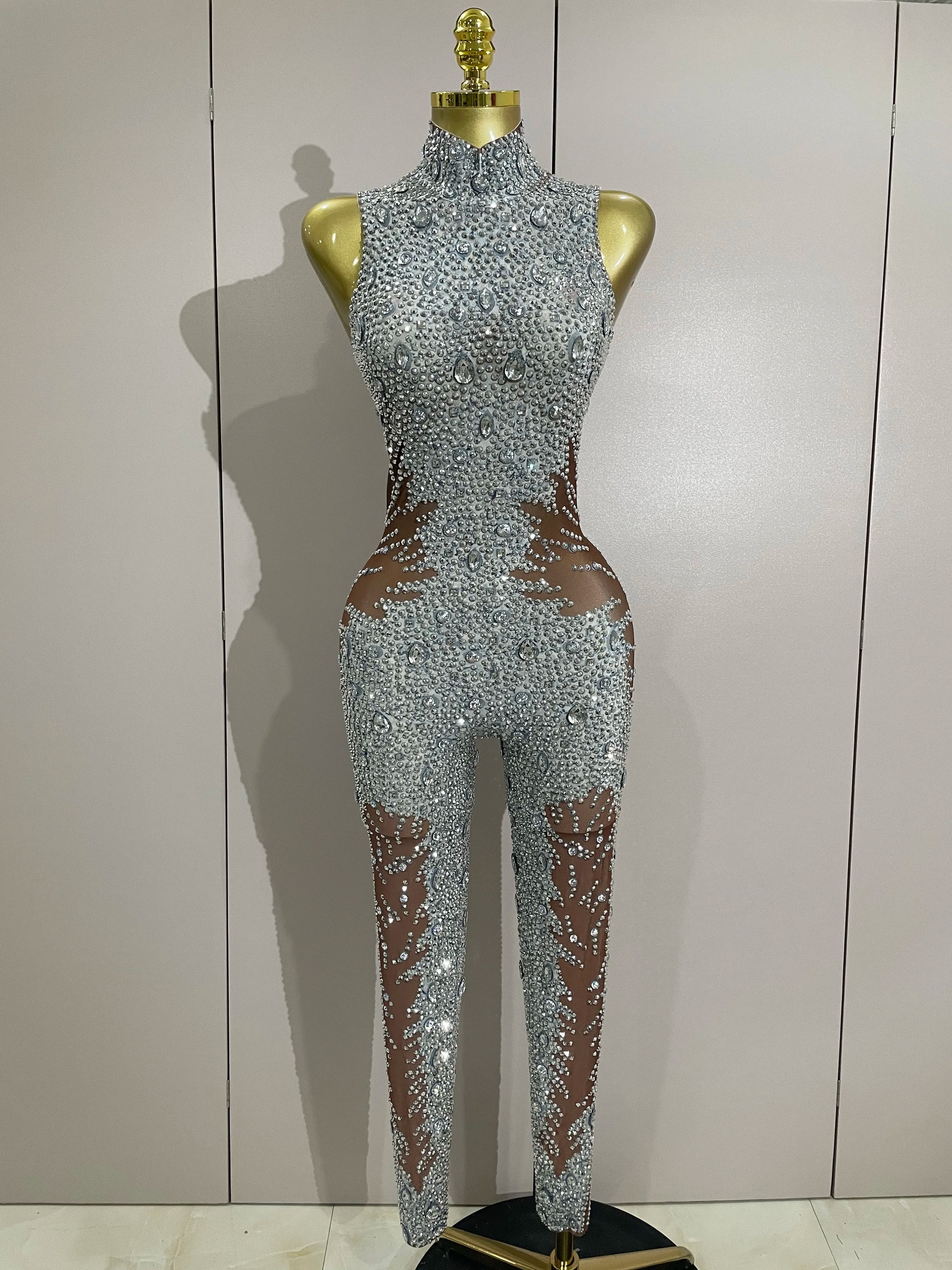 Amina Luxury Sleeveless Rhinestone Bodycon Jumpsuit