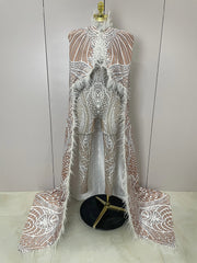 A'Rielle Feathers Cloak White Printing Sexy Sheath Jumpsuit