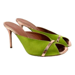 Elegant Two-Tone Satin Stiletto Mules Open Peep Toe Contrast Metallic Trim Slip-On Slide High Heels