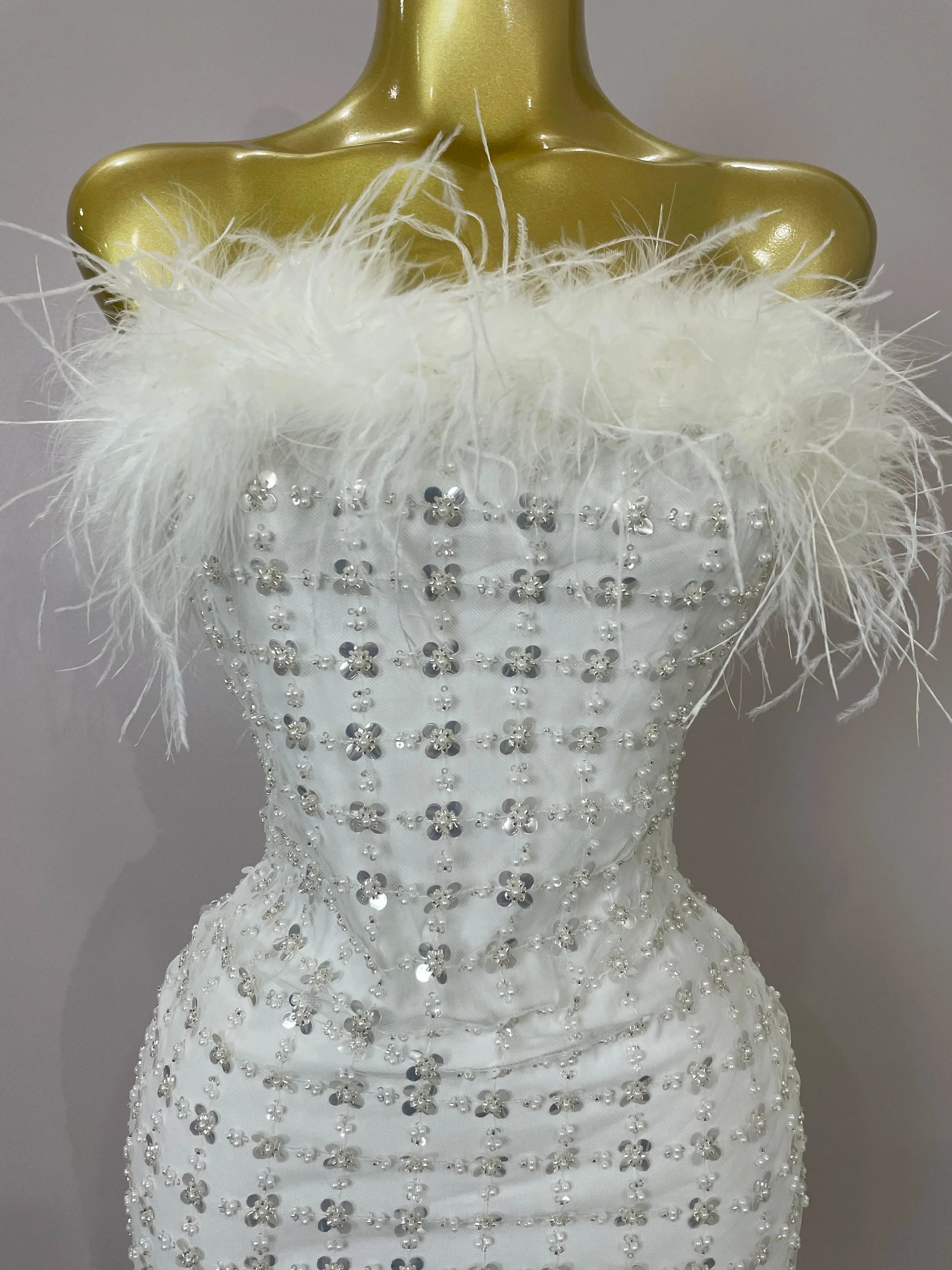 Carmina White Feather Sequin Strapless Bodycon Mini Dress