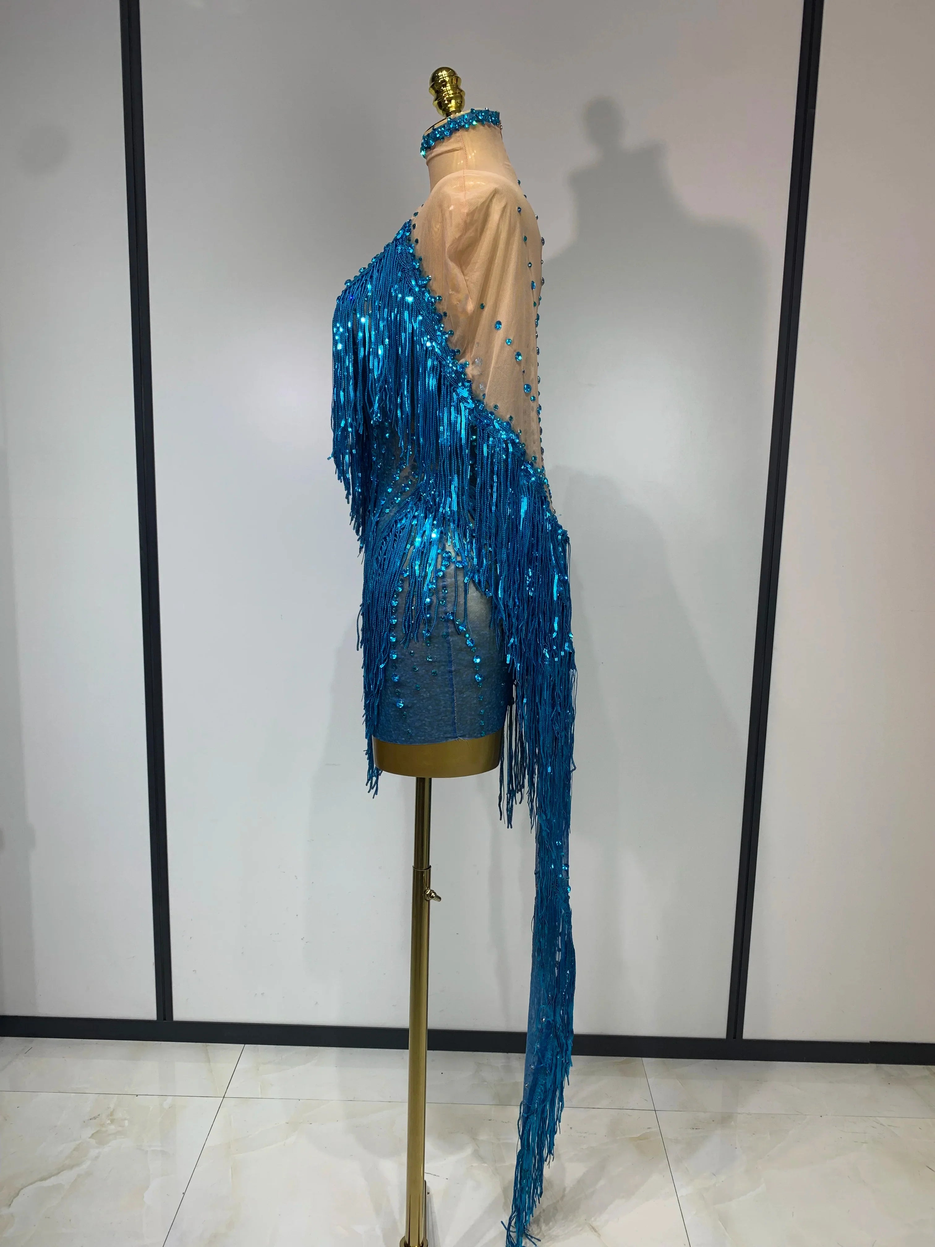 Christy Blue Rhinestone Tassel See Through Mesh Dress