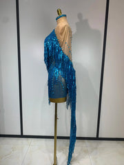 Carlene Blue Rhinestone Tassel See-Through Mesh Birthday Dress