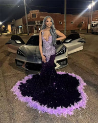Glitter Purple Rhinestones Prom Dress