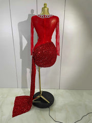 Donna Sparkly Rhinestone Red Sequin Lace Mesh See-Through Mini Dress