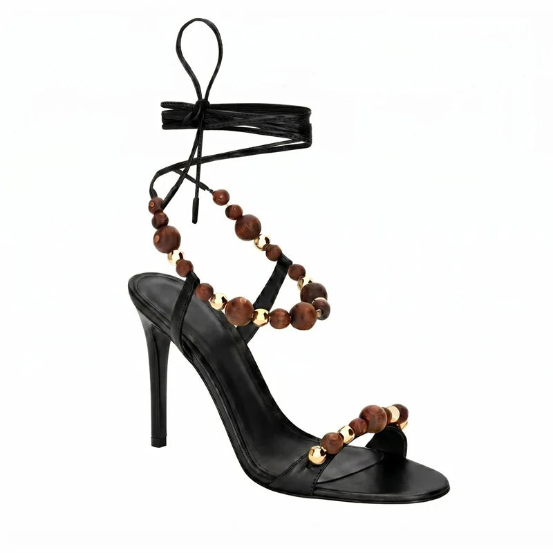 Bohemian Beaded Ankle Wrap Stiletto Sandals Leather Open-Toe Lace-Up High Heels