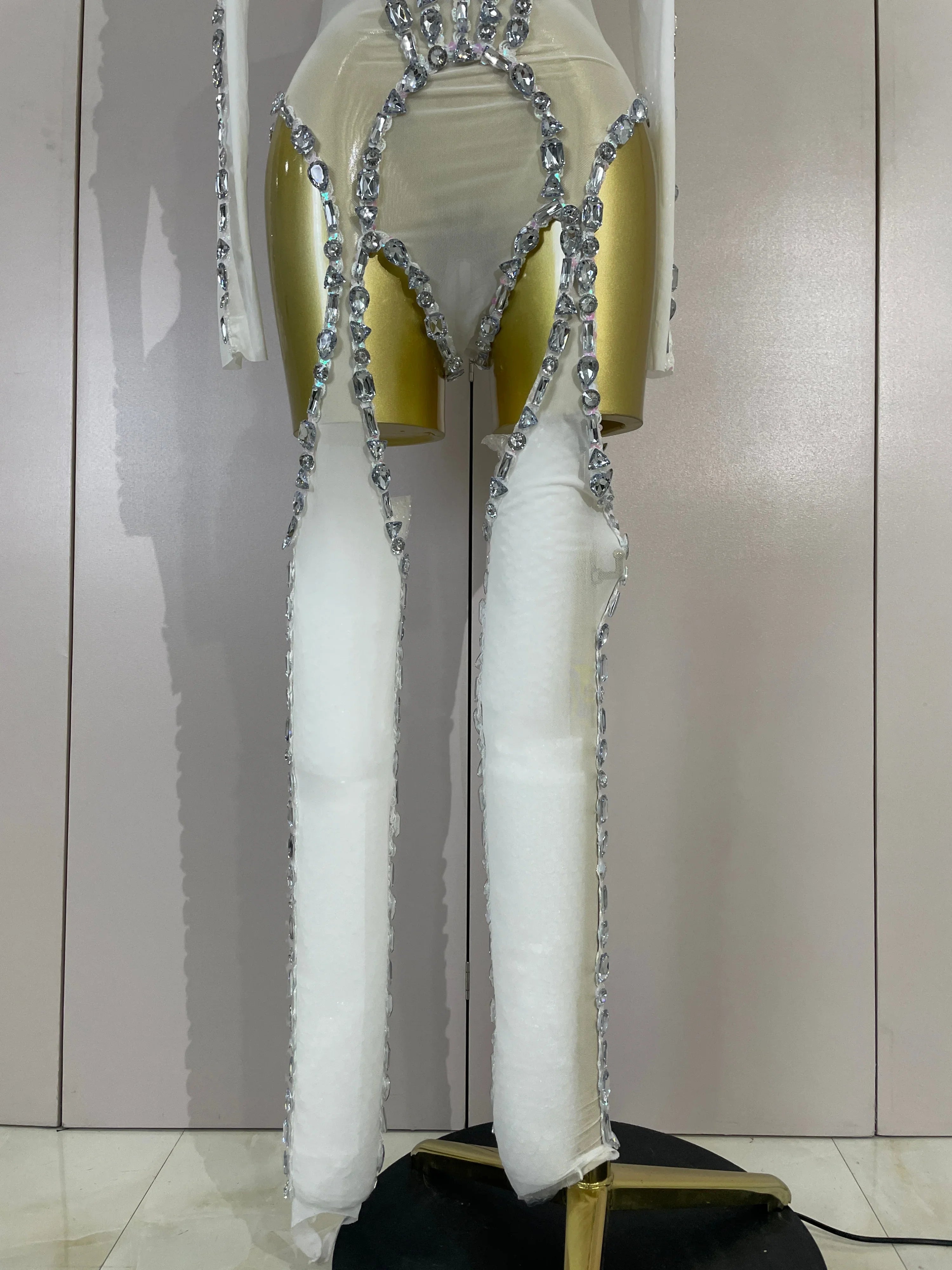 Grace Sparkly Diamond Sequin Long Sleeve Mesh See-Through Jumpsuit