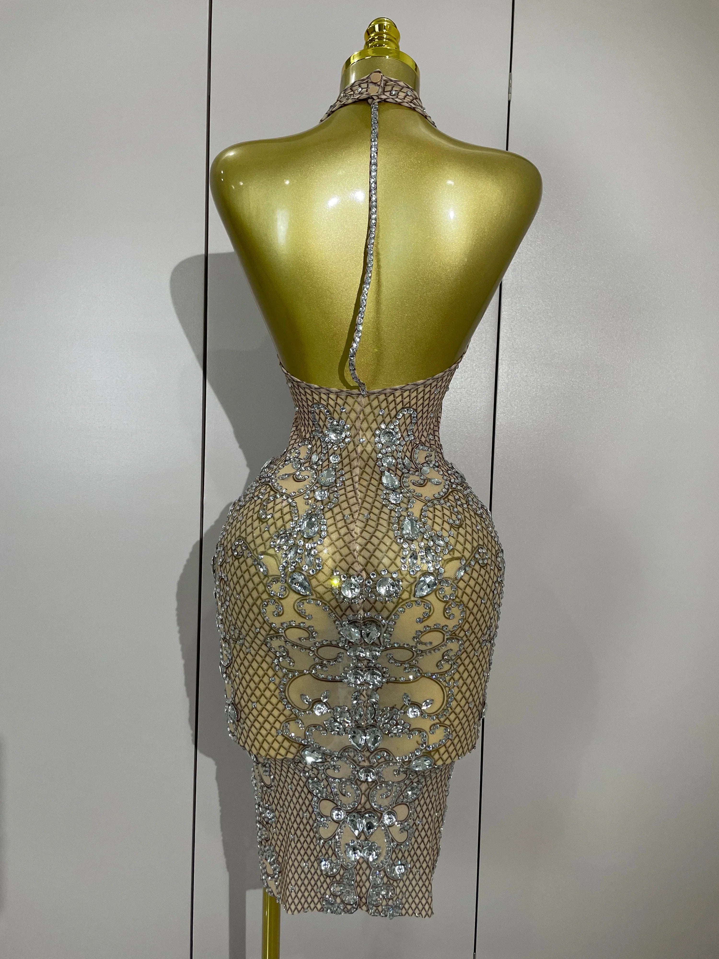 Amelise Sparkly Crystal Diamonds See Through Mesh Dress