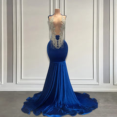 Elegant Royal Blue Velvet Crystal Beaded Prom Gown
