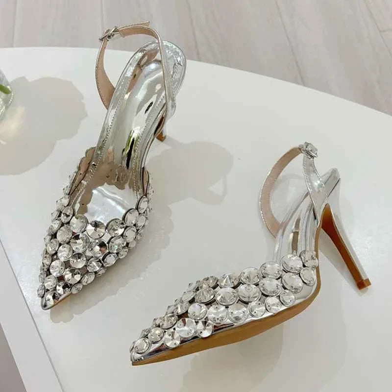 Elegant Pointed Toe Slingback Stiletto Sandals Crystal Diamonds Women Pumps High Heels