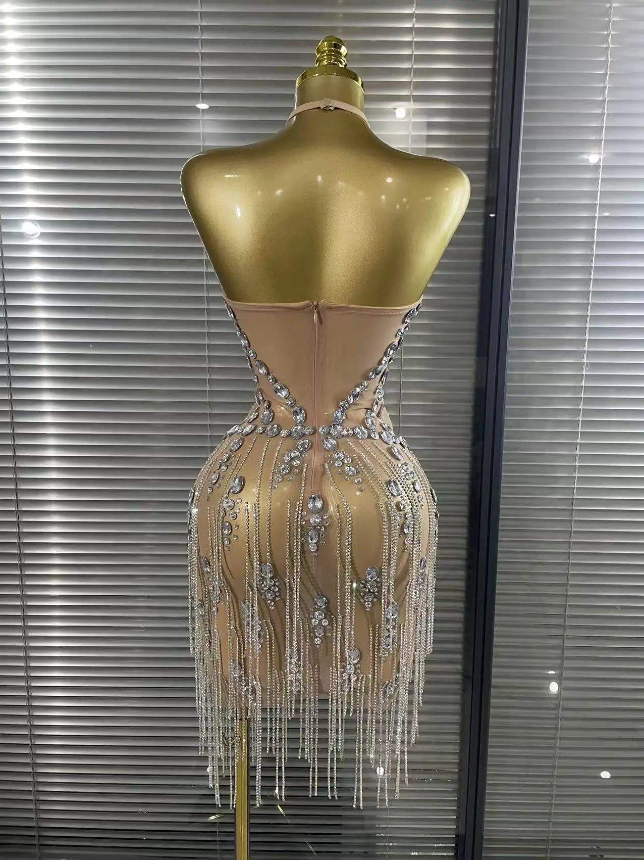 Carmen Crystal Diamond Halter Mesh Evening Gown