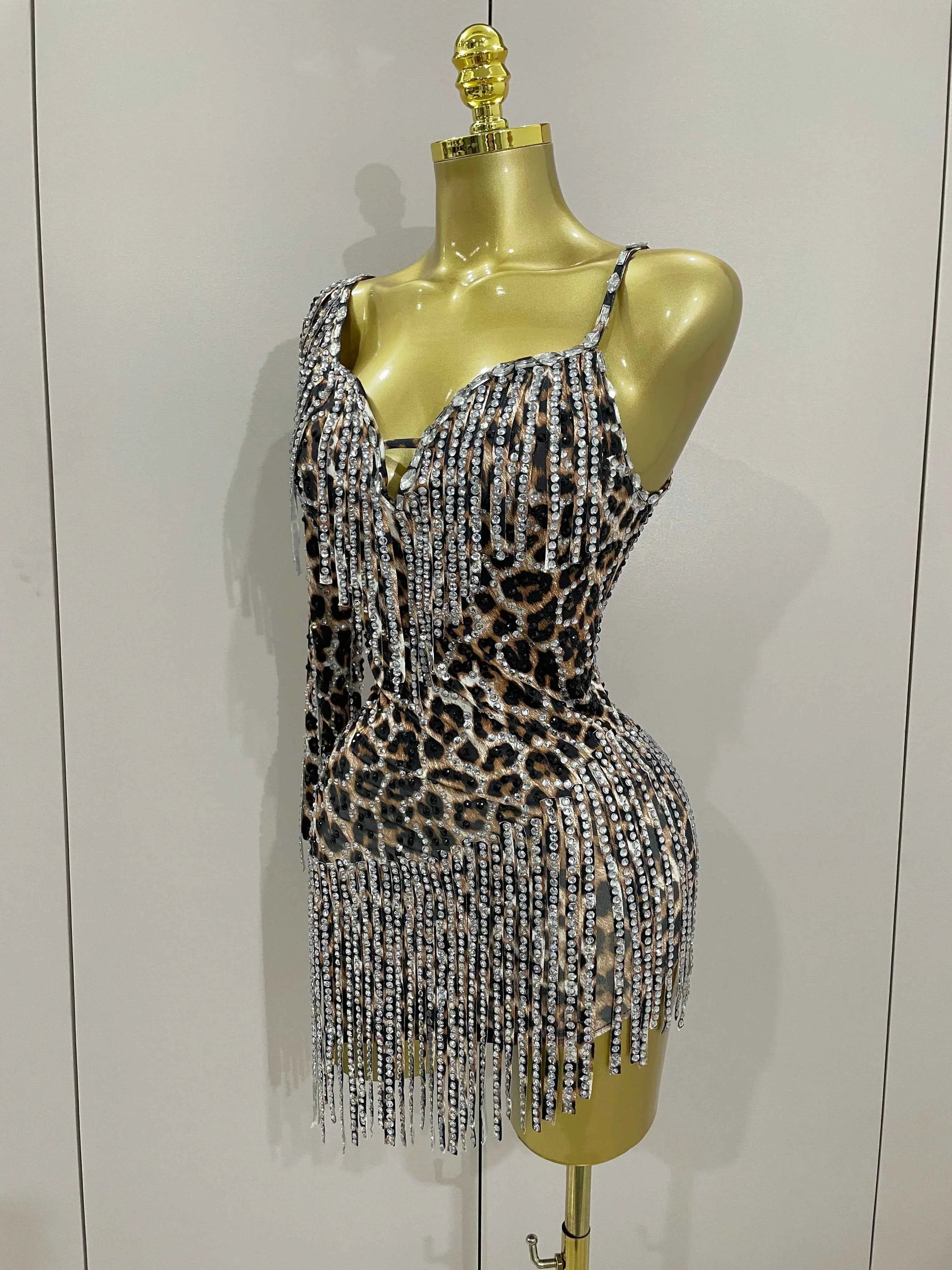 Daniela One-Shoulder Leopard Print Rhinestone Tassel Mini Dress