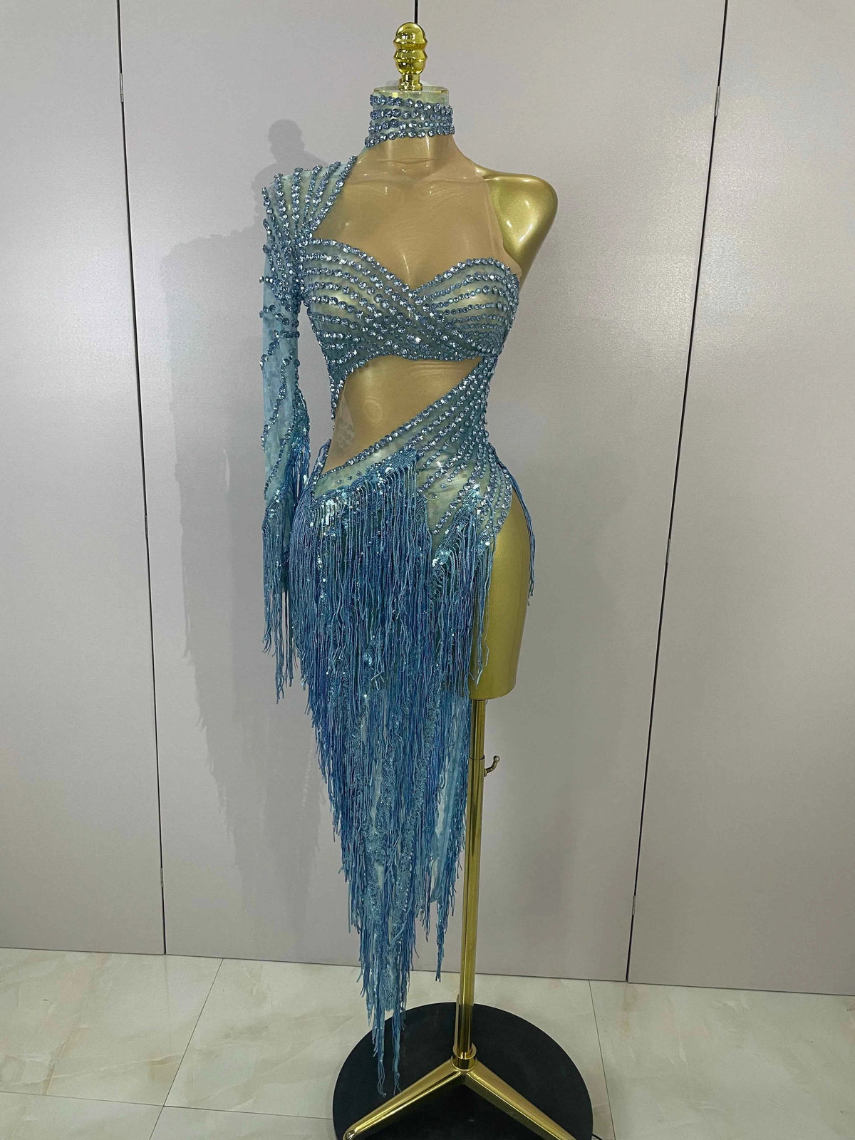 Ailanny Sparkly Diamond Blue Rhinestone Mesh One Shoulder Tassel Dress