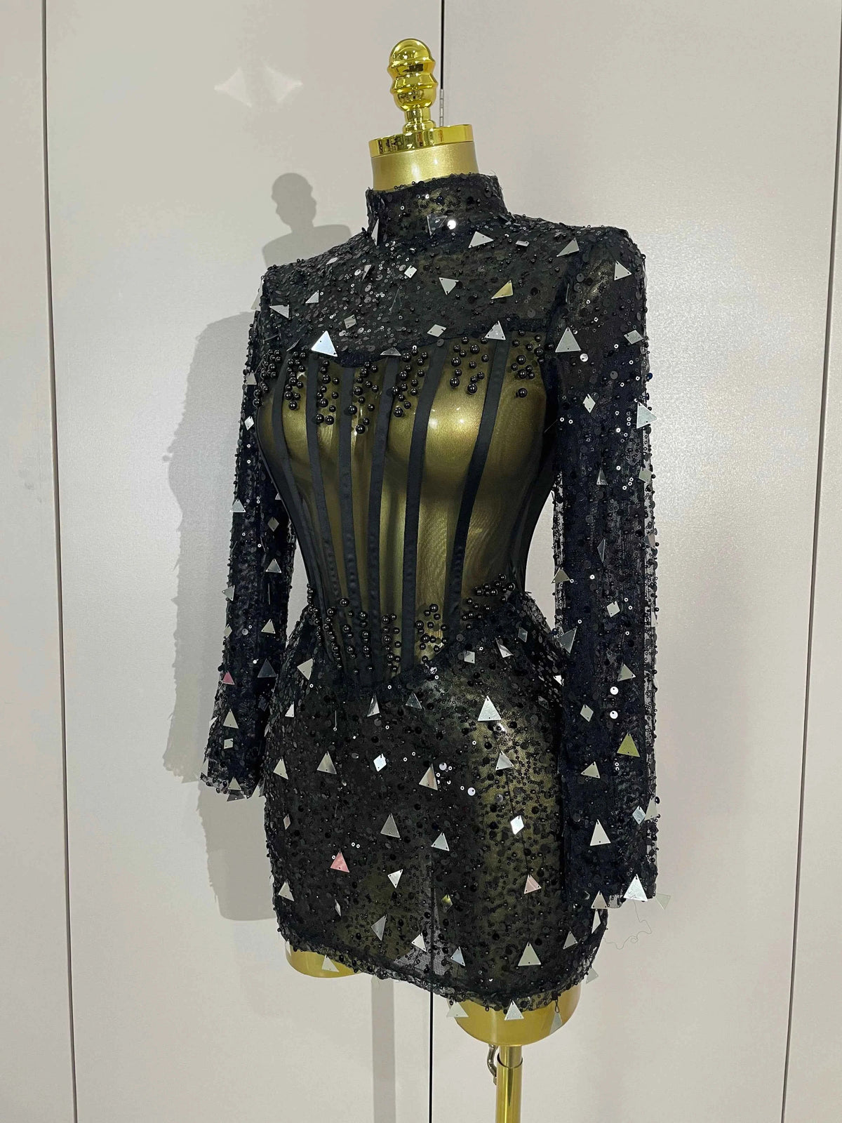 Emily Shiny Sequin Pearl Black Mesh Long Sleeve Bodycon Mini Dress
