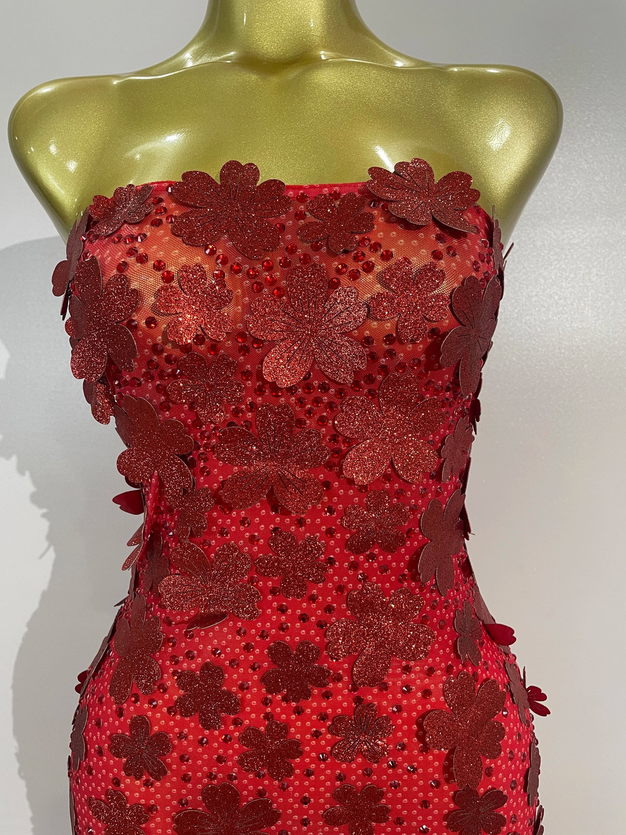 Emme Sequin Flower Diamond Strapless Mesh Dress
