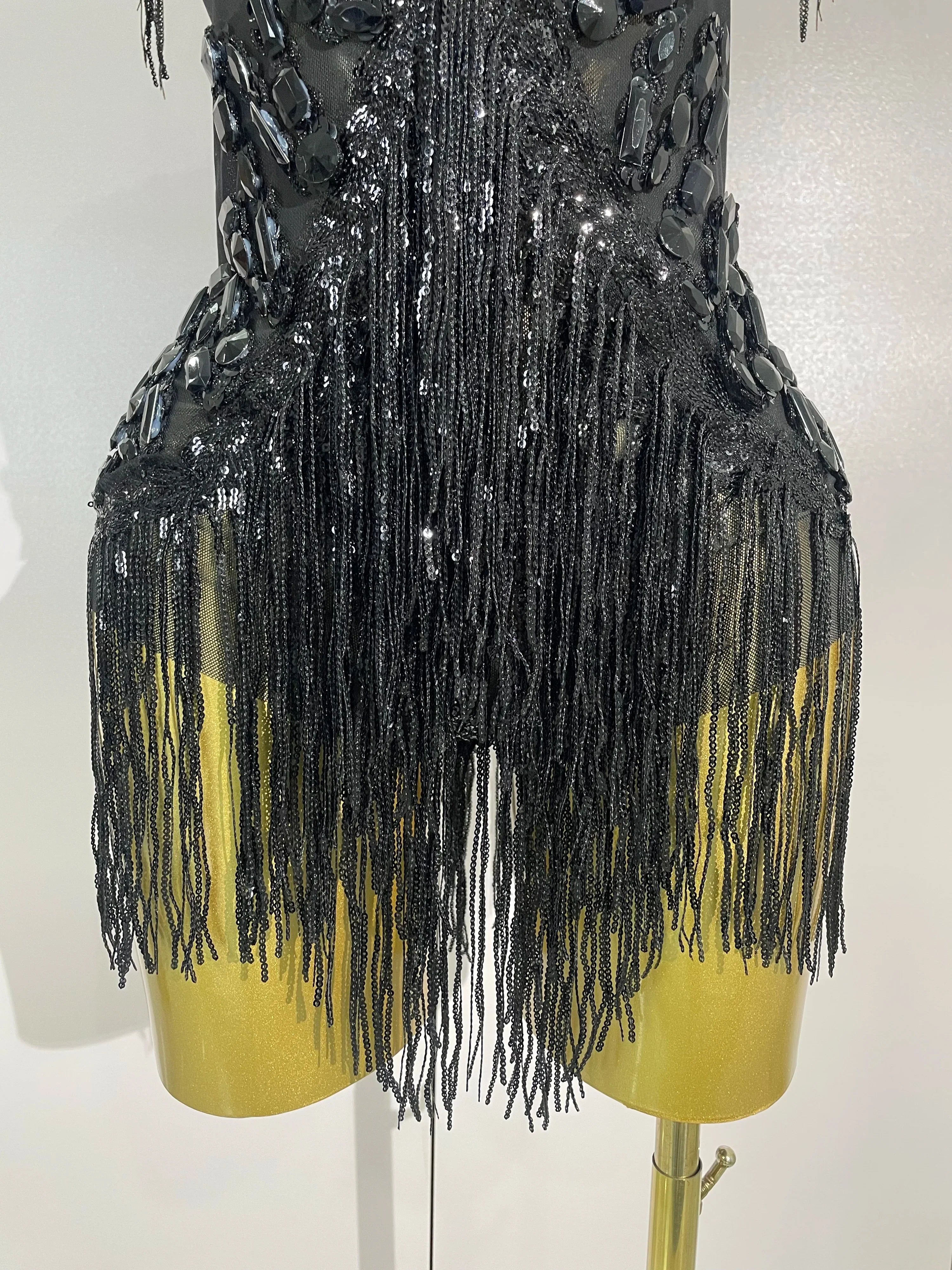 Gabrielle Sparkly Rhinestone Sequin Tassel Mesh See-Through Stretch Bodysuit