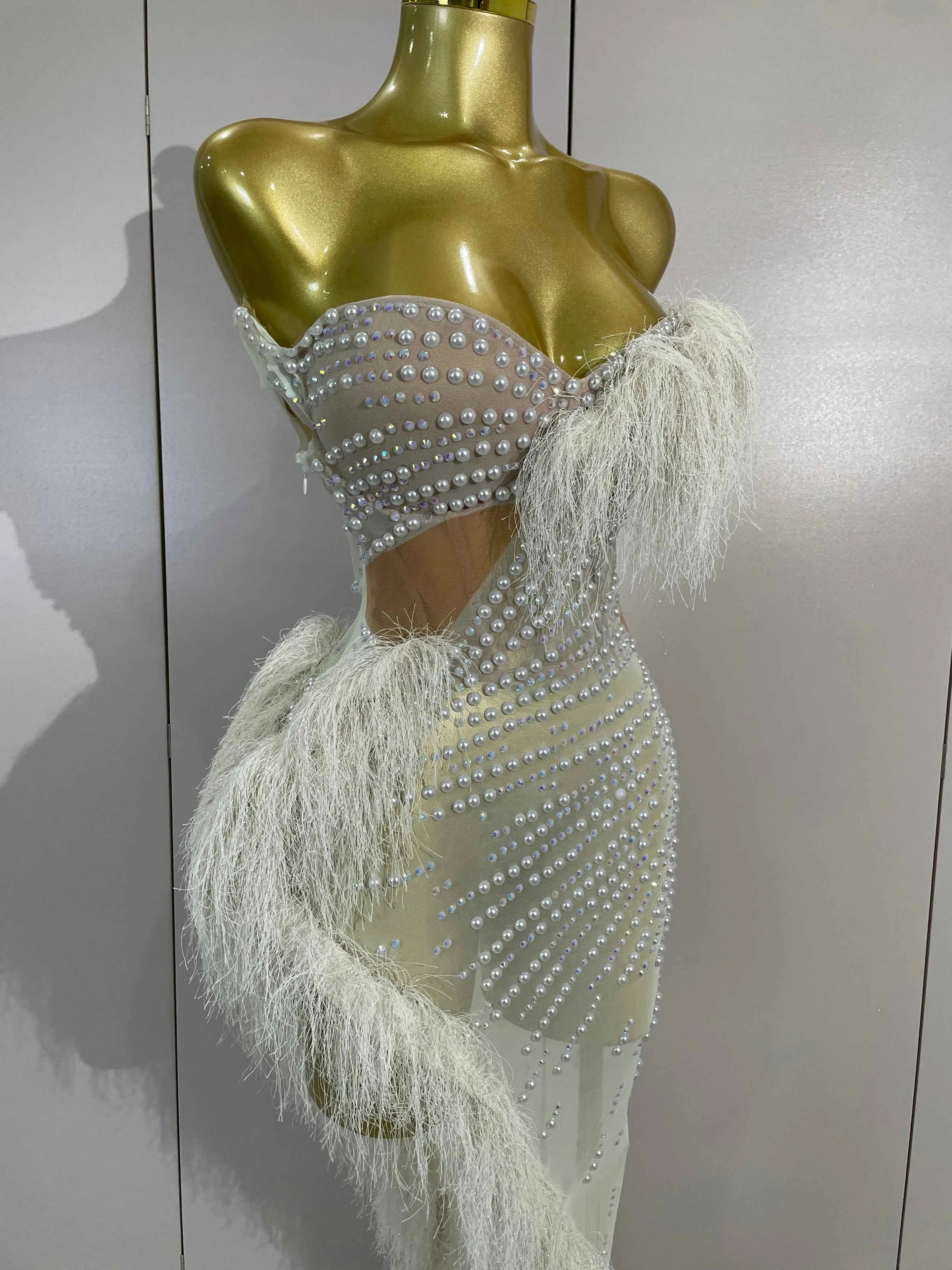 Draya Sparkly Rhinestone Off The Shoulder White Mesh See-Through Long Dress