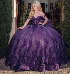 Fabulous Purple Off The Shoulder Beaded Applique Quinceañera Dress