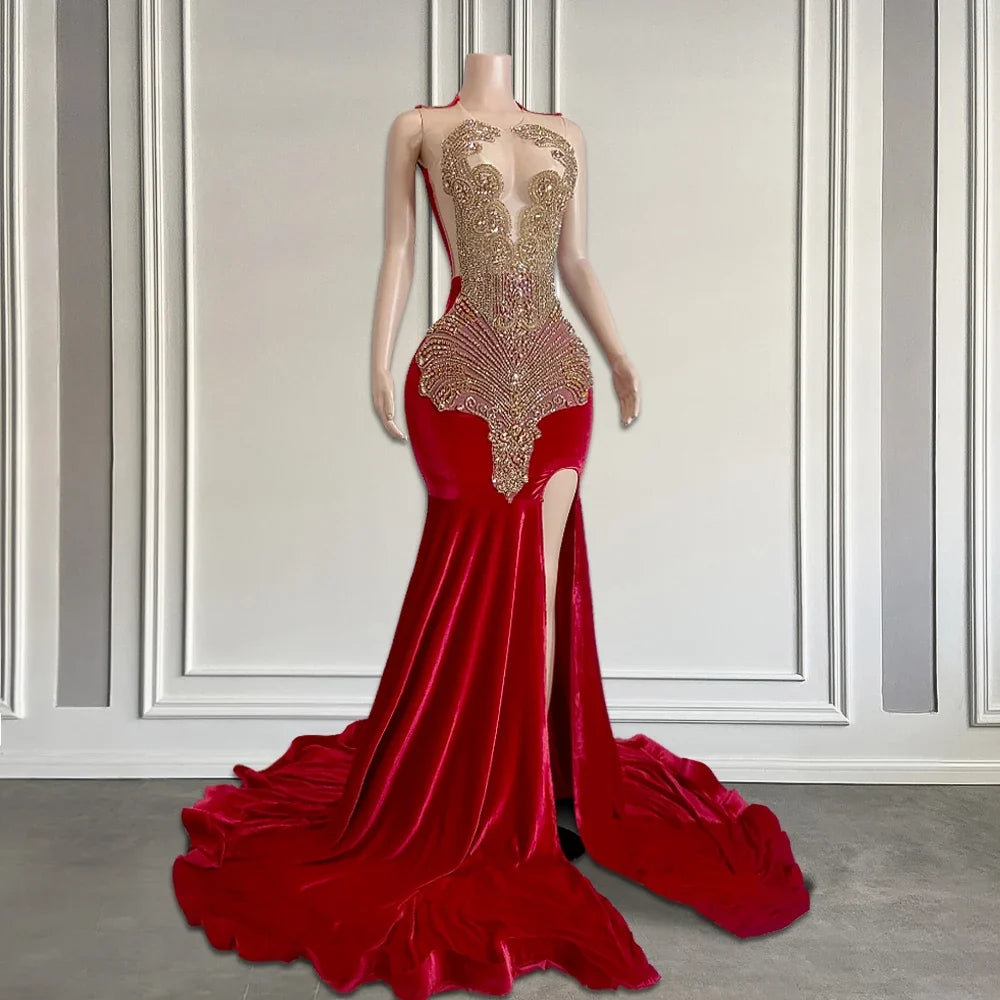 Elegant Red Mermaid Prom Gown with Crystal Beads & Cut-Outs