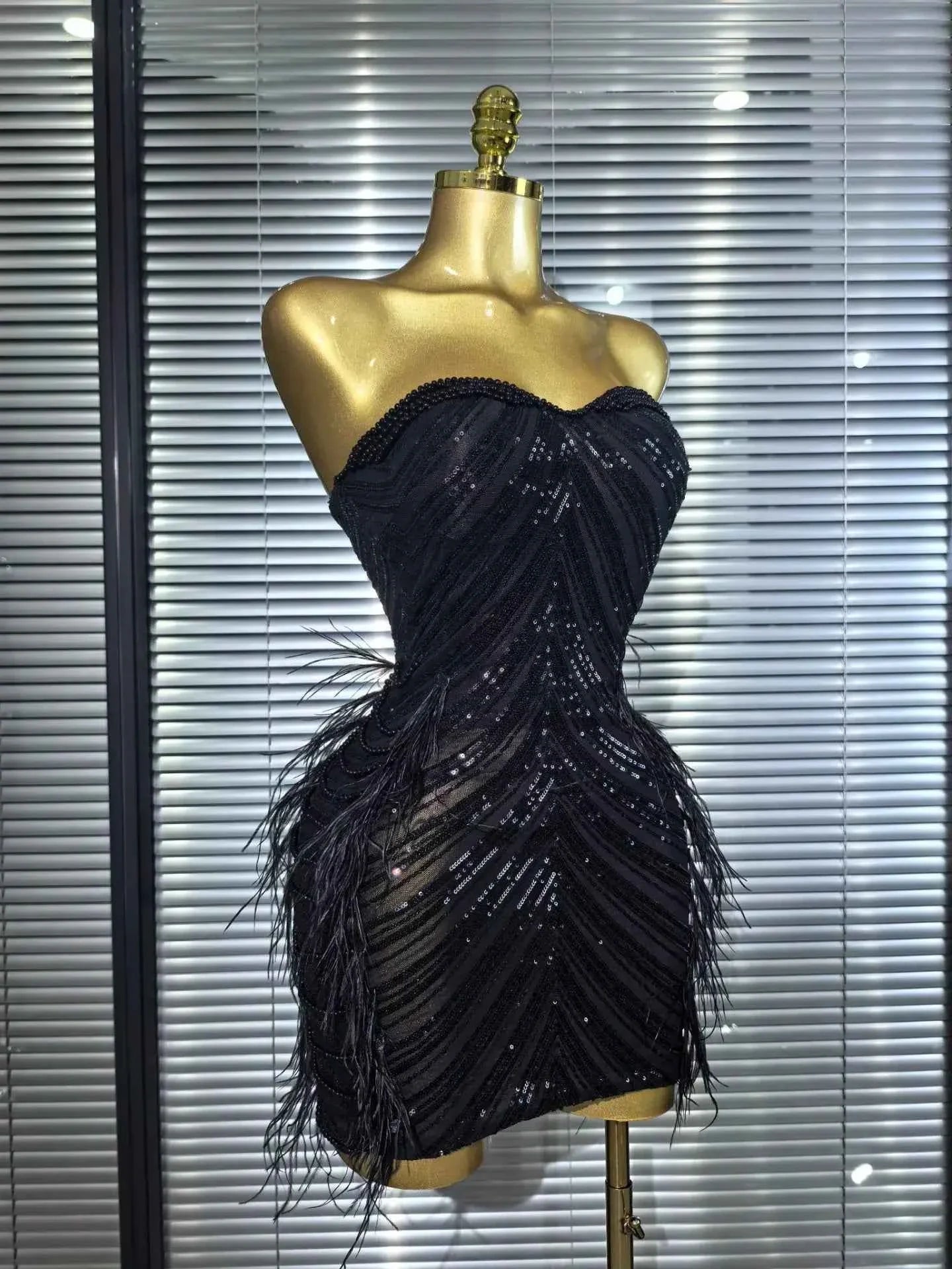 Amara Sequin Feather Strapless Bodycon Mini Dress