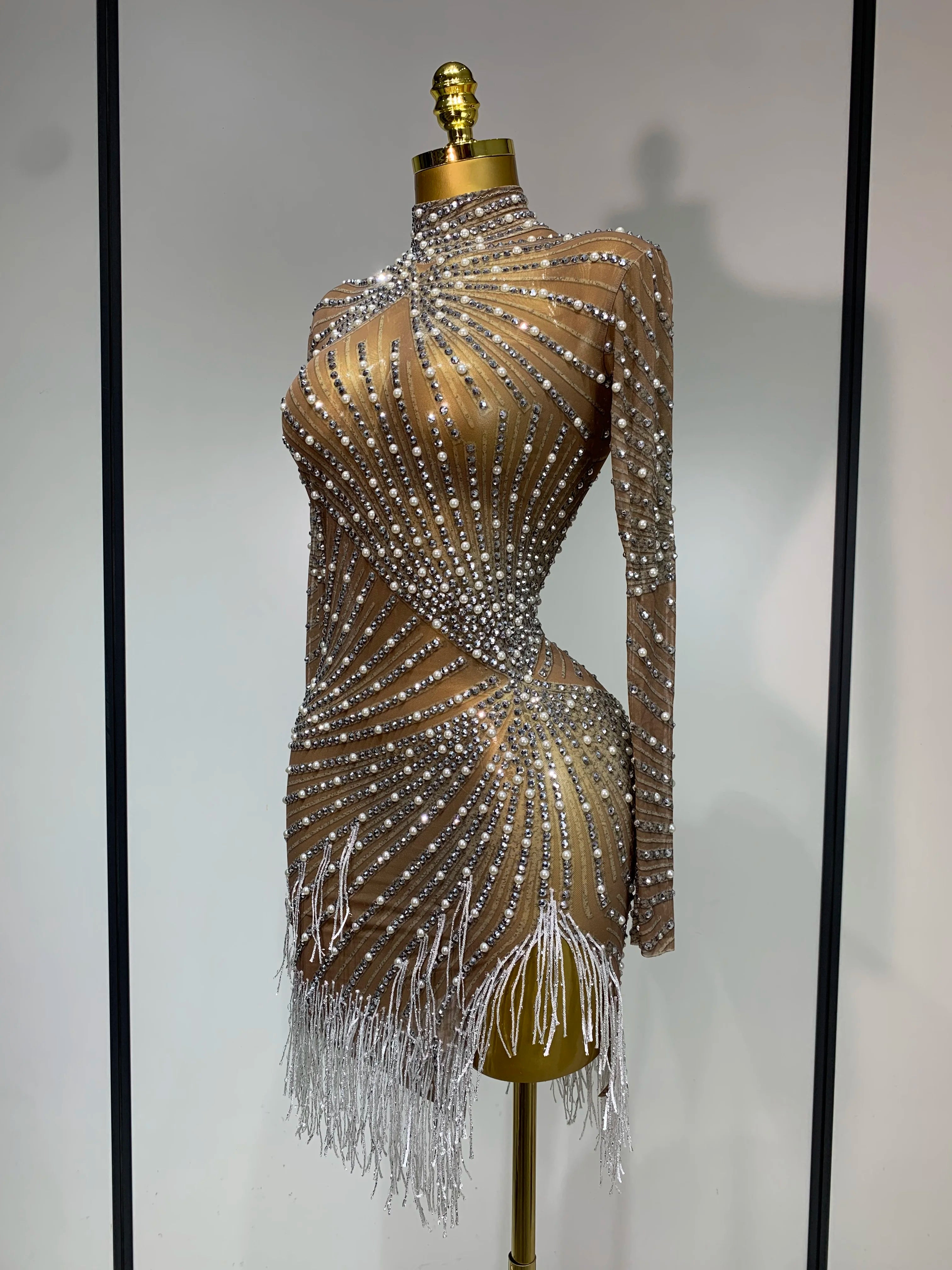 Diana Luxury Rhinestone Tight Long Sleeve Evening Short Dress