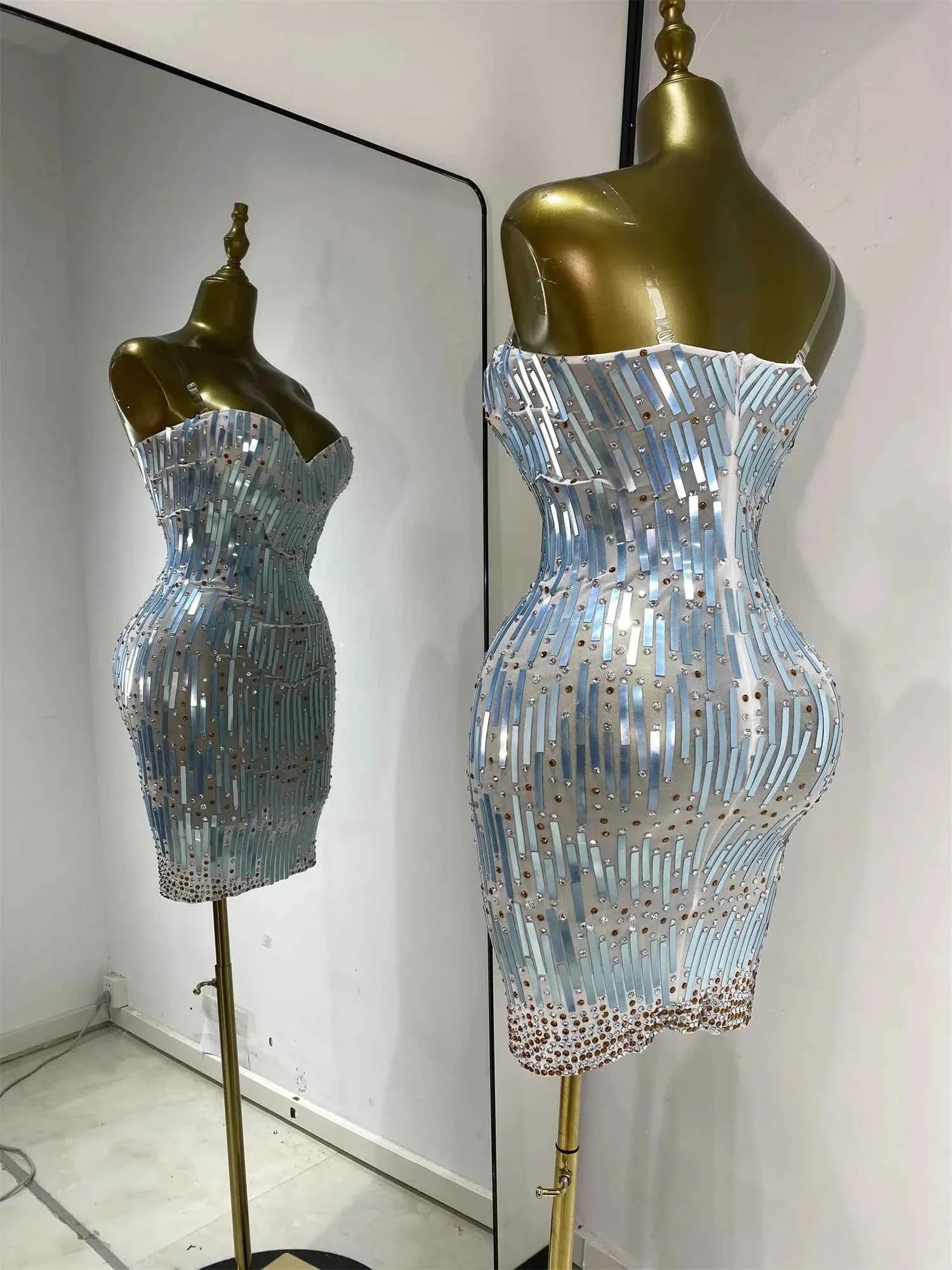 Eisa Sequin Rhinestone Mesh Bodycon Mini Dress