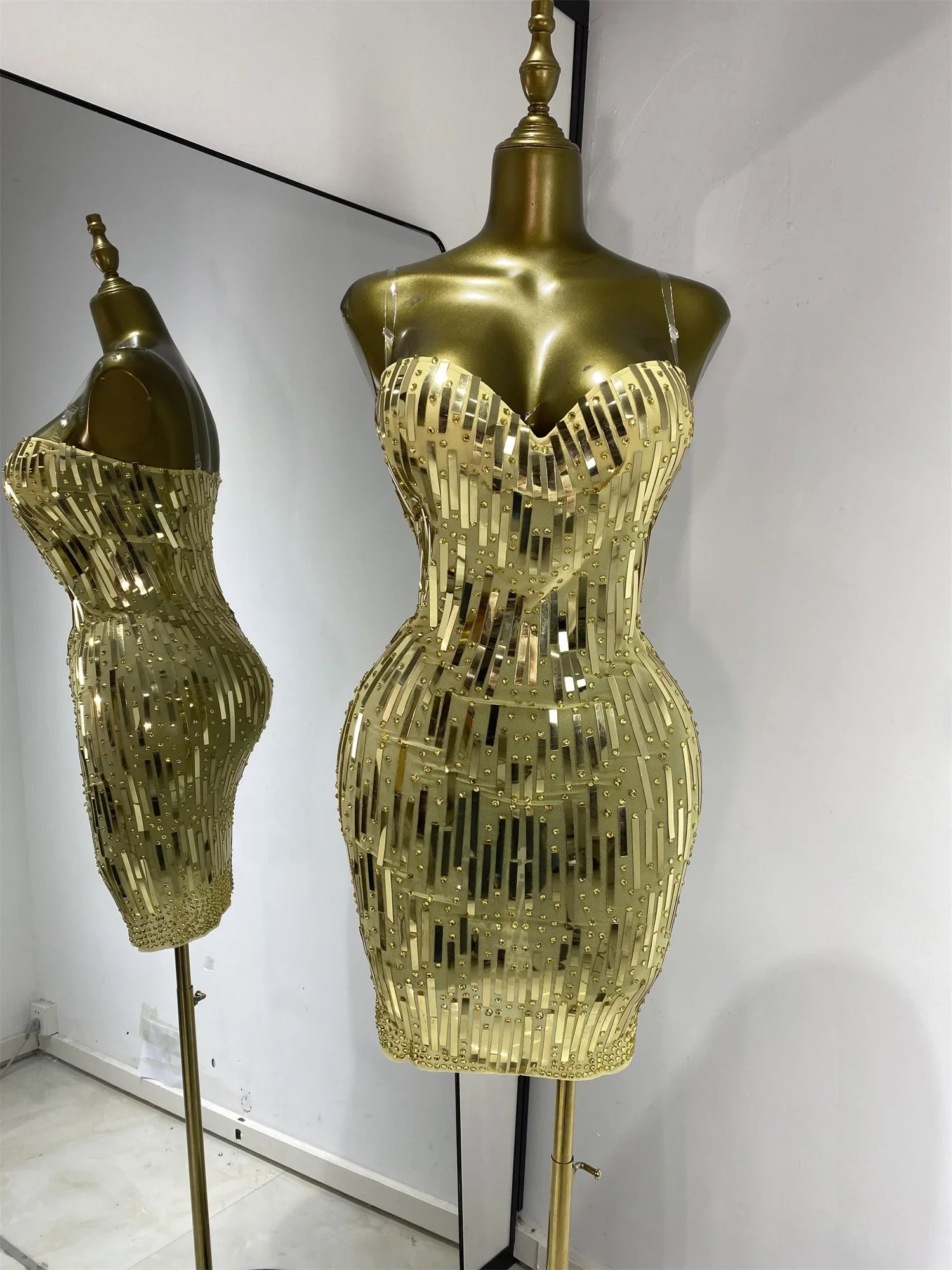 Eisa Sequin Rhinestone Mesh Bodycon Mini Dress