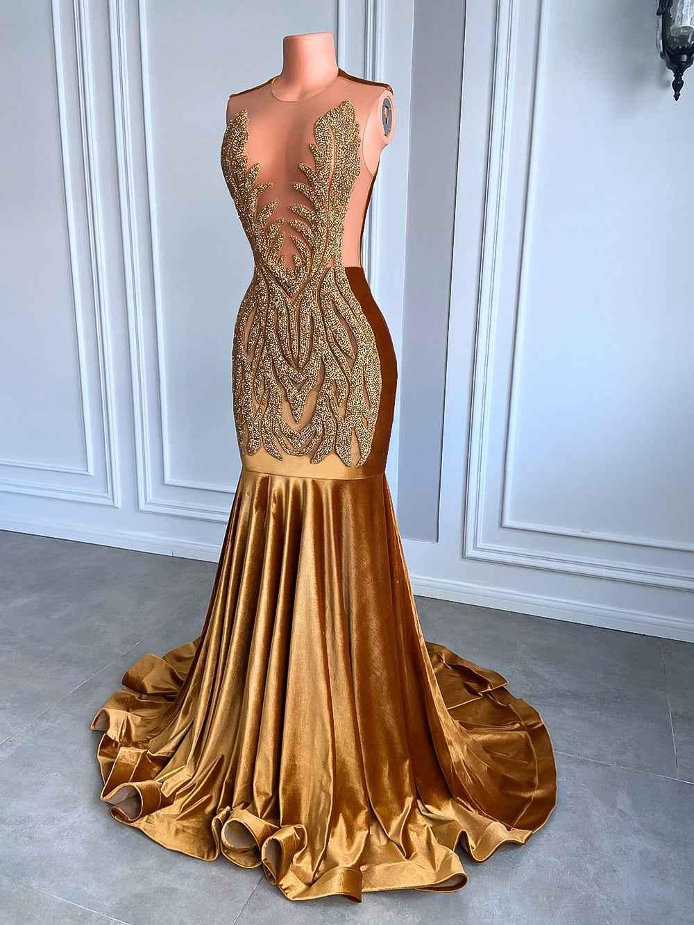 Gold Mermaid Prom Dress - Sheer Top Diamond Velvet Mermaid Gown