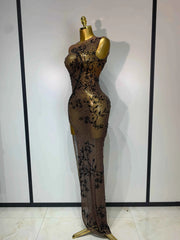 Corey Sexy O Neck Sleeveless Black Diamonds Crystal Maxi Dress