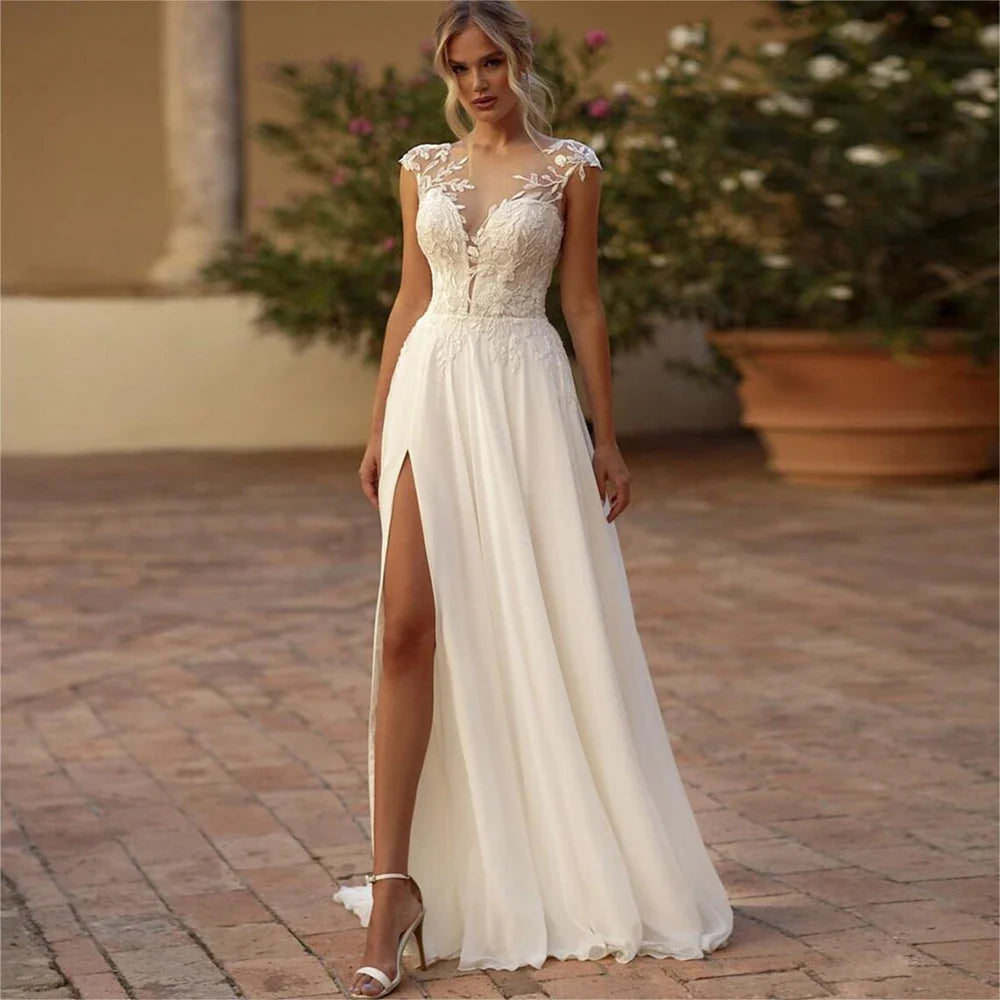 Elegant Boho Lace Wedding Dress Illusion Back Side Split Applique
