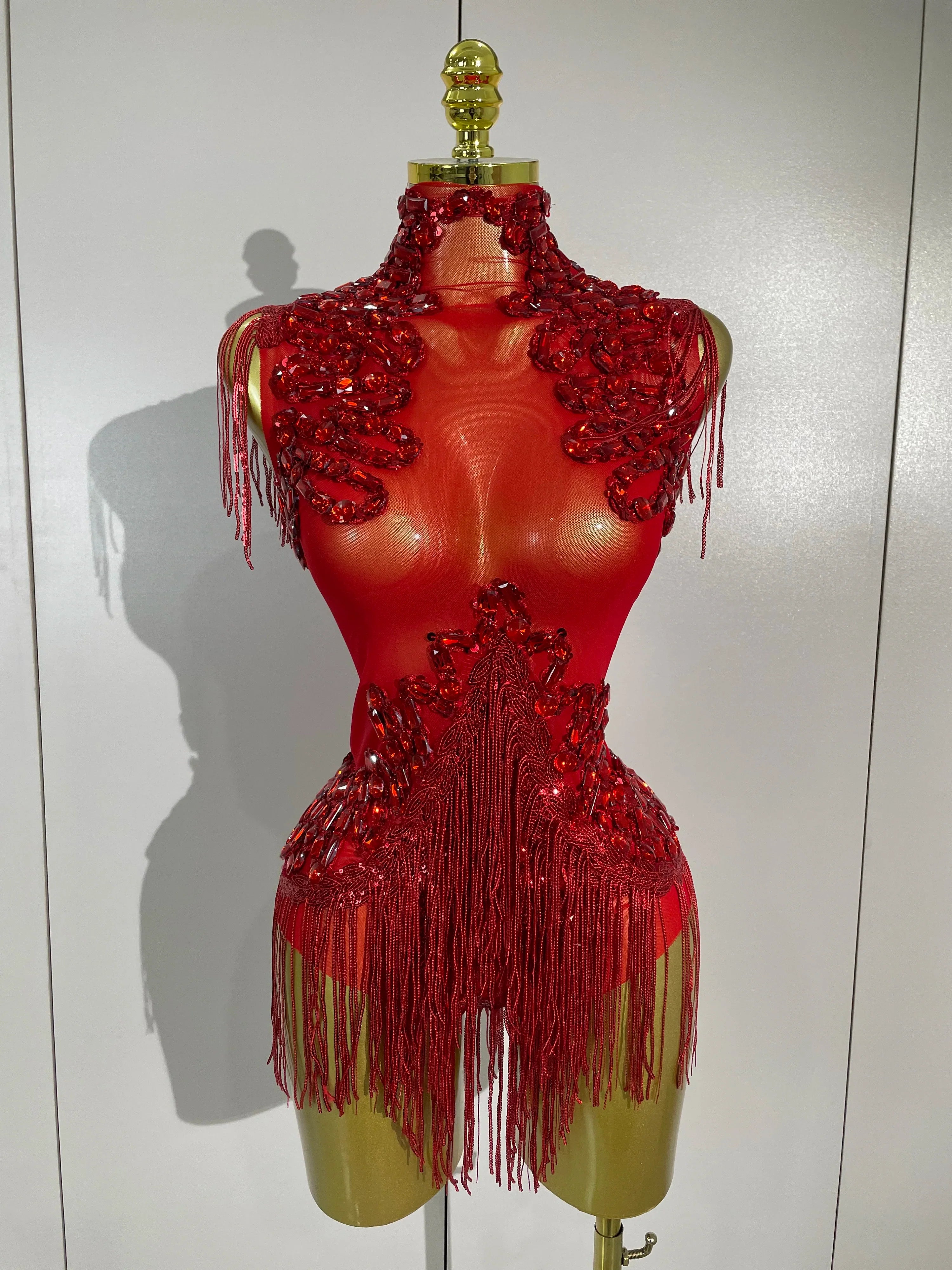 Gabrielle Sparkly Rhinestone Sequin Tassel Mesh See-Through Stretch Bodysuit