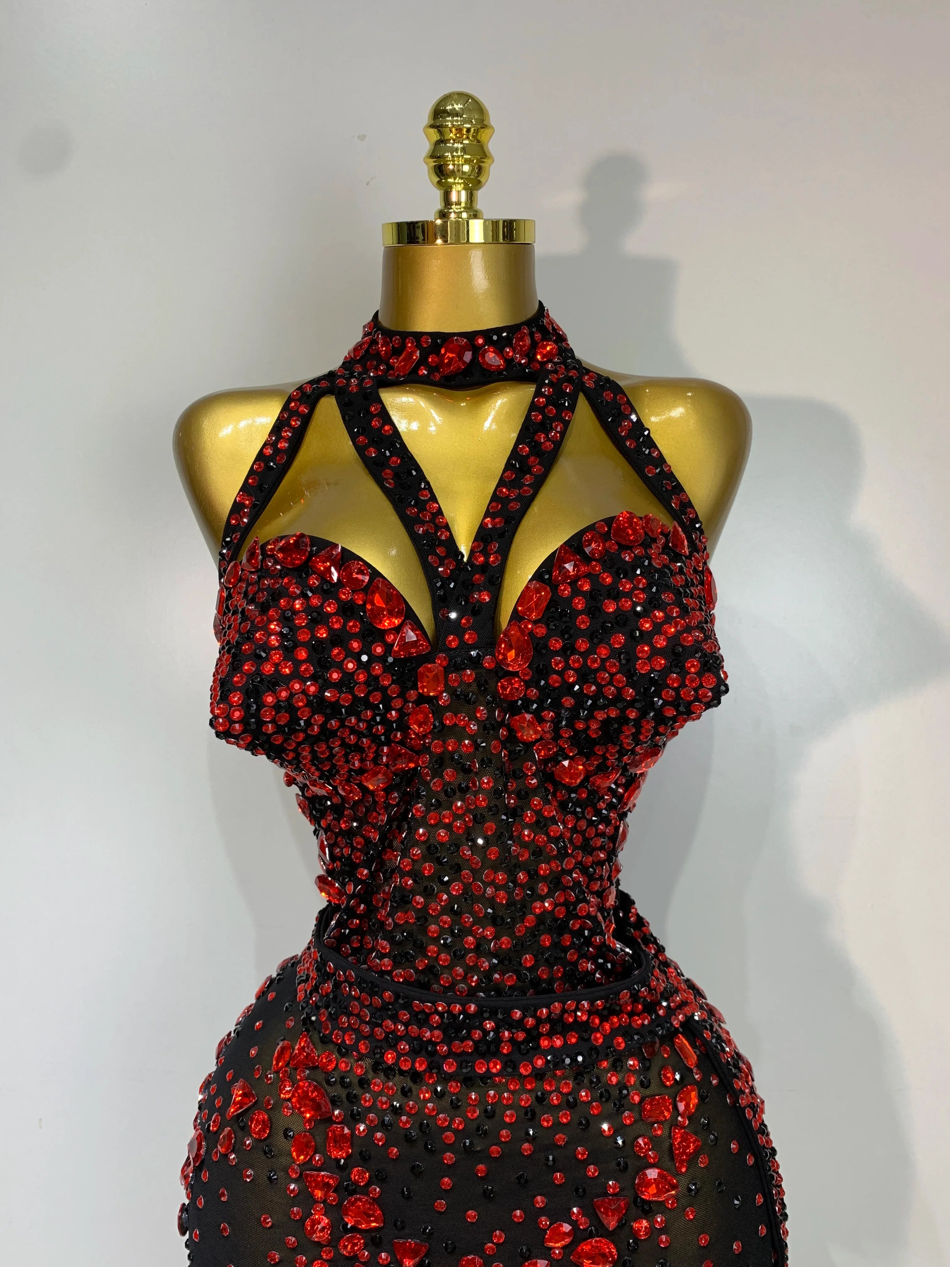 Amanda Backless Red Rhinestone Black Mesh Bodycon Jumpsuit