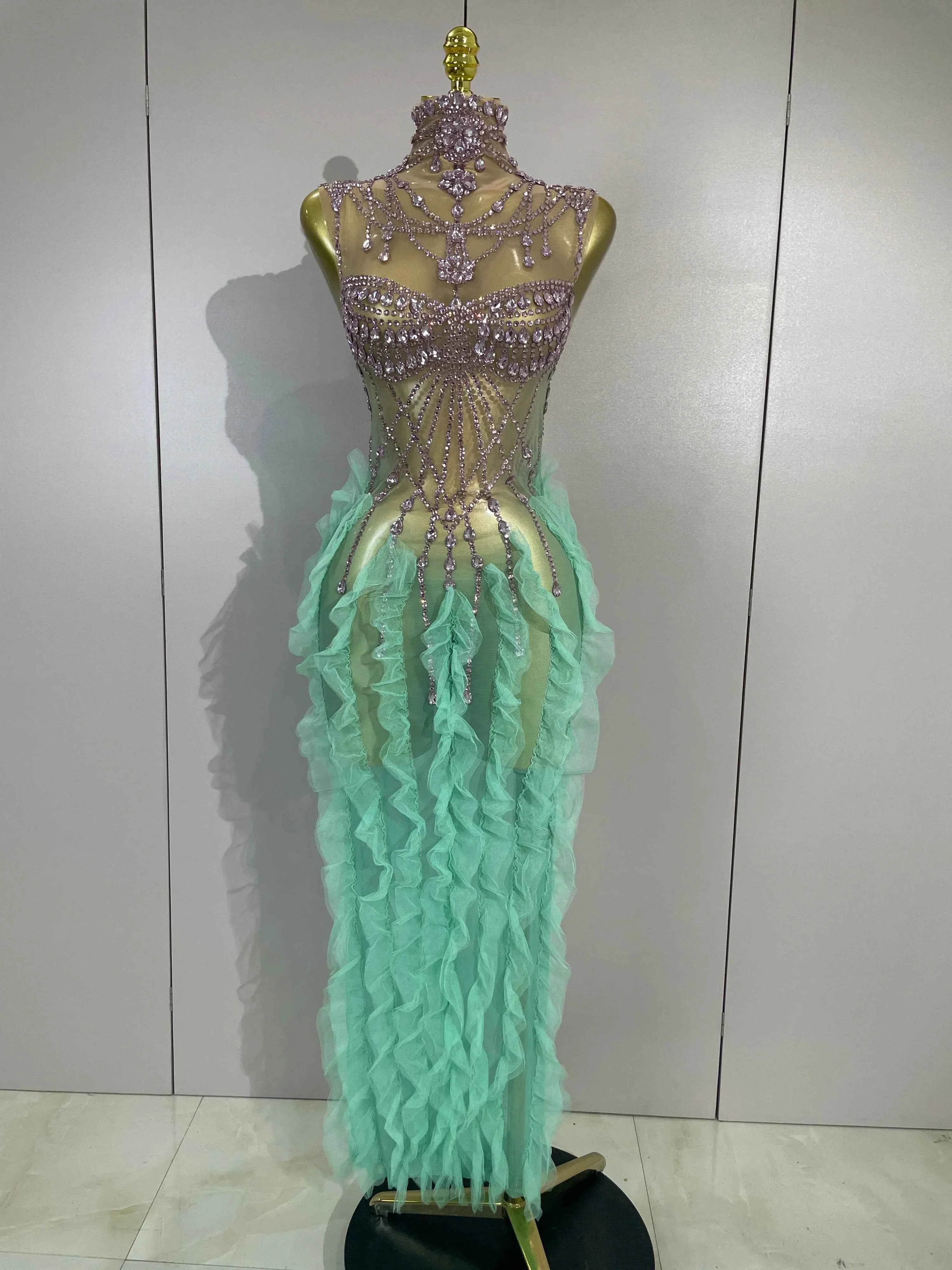 Faith Turtleneck Appliqué Mesh Ruffle Maxi Dress