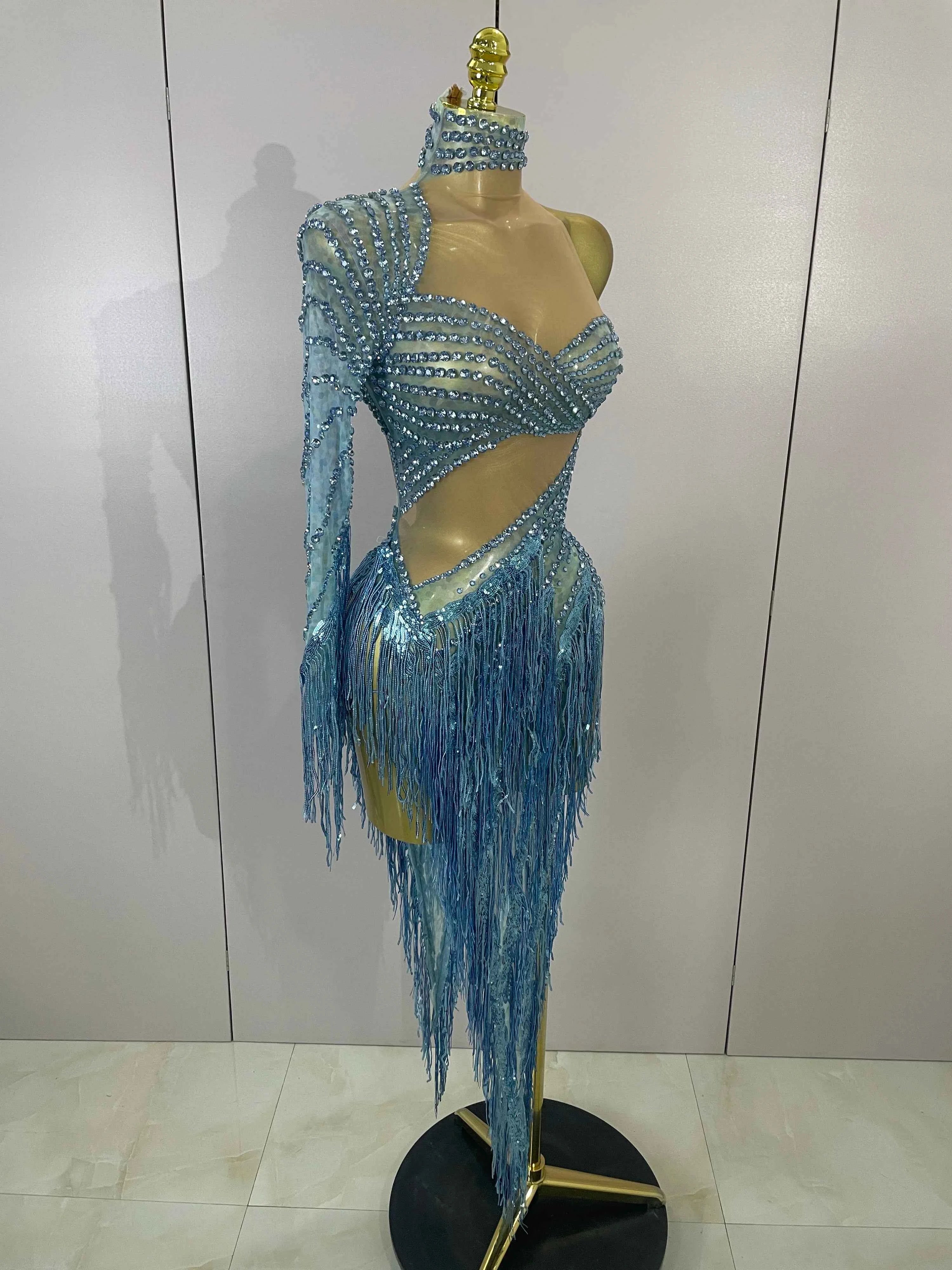 Ailanny Sparkly Diamond Blue Rhinestone Mesh One Shoulder Tassel Dress
