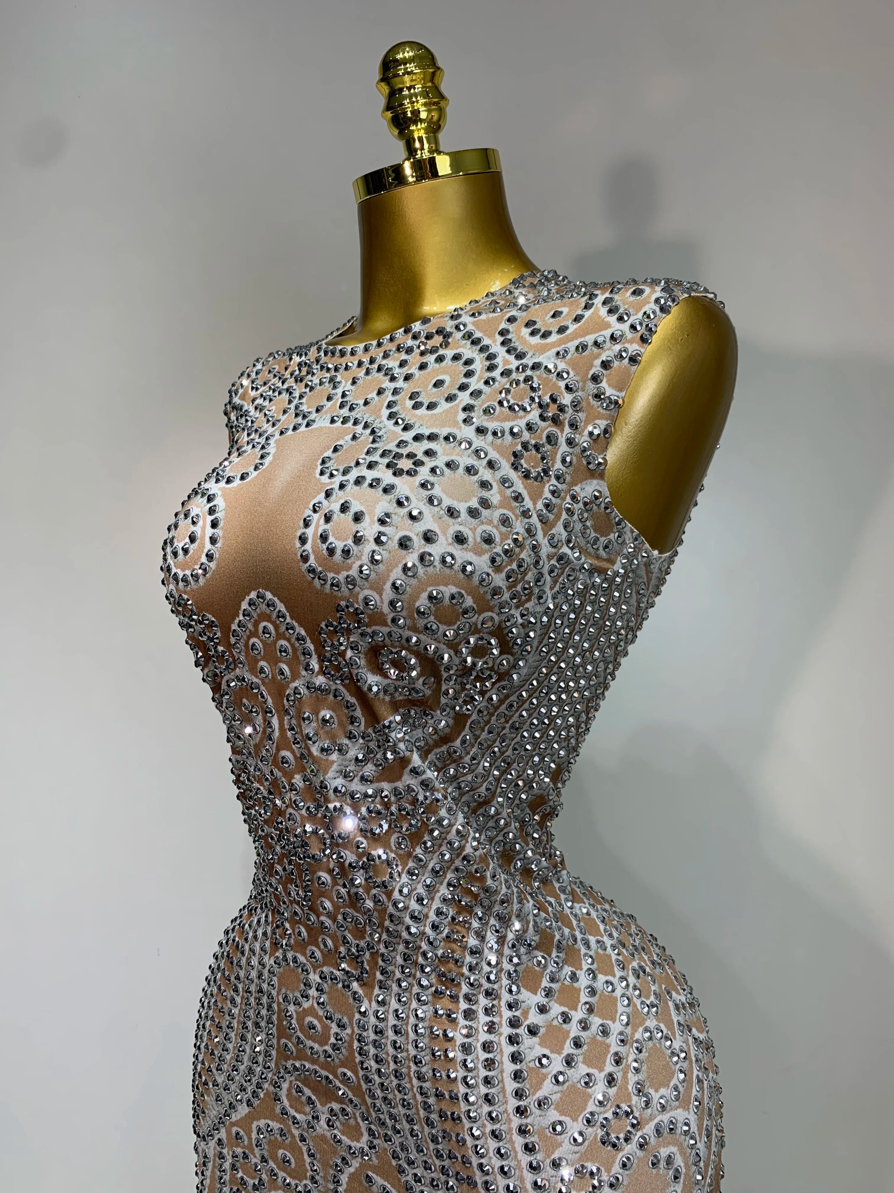 Frances Sleeveless O-Neck Sparkly Rhinestone Feather Bodycon Party Dress – Elegant Floor-Length Gown