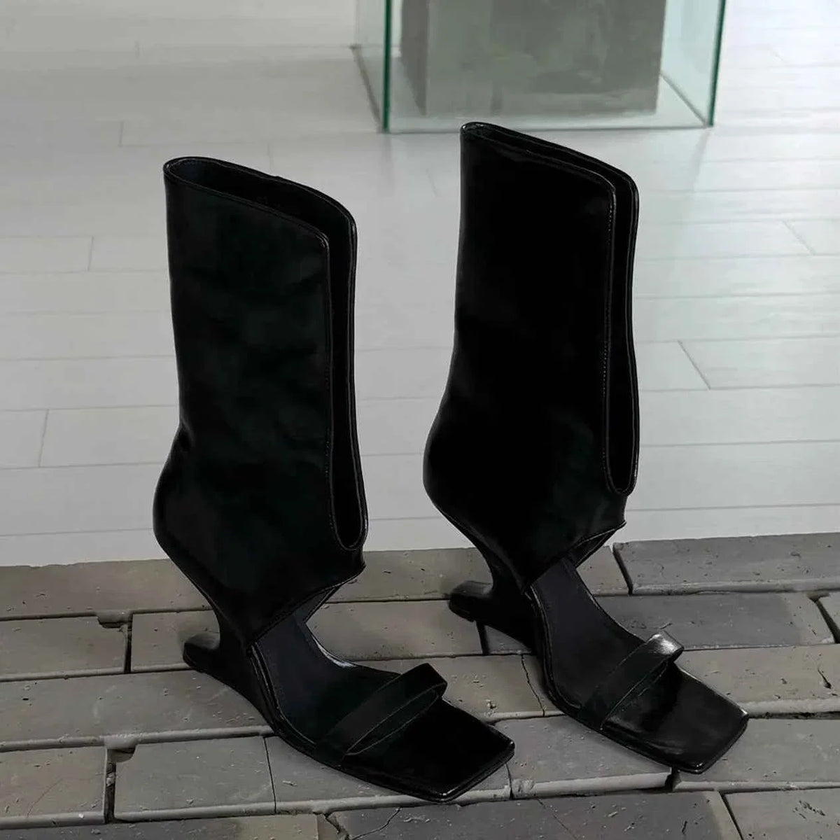 Black Leather Cutout Mid Calf Sandal Boots Square Open Toe Single Strap Wedge Heel